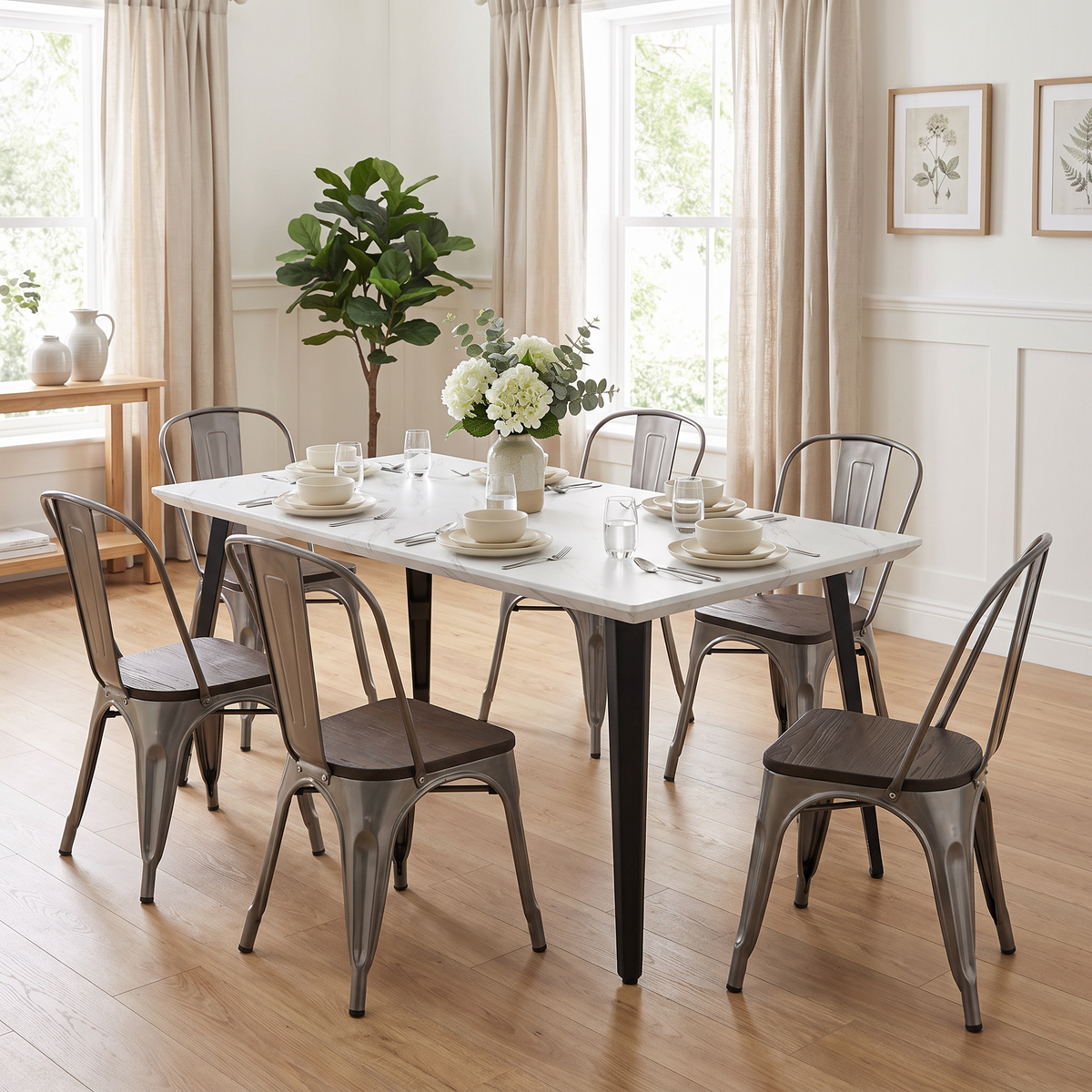 Homy Casa STAN+KRICOX 7PC Dining Set 63” White Marble Table with 6 Kricox Silver Wood Dining Chairs Open Box