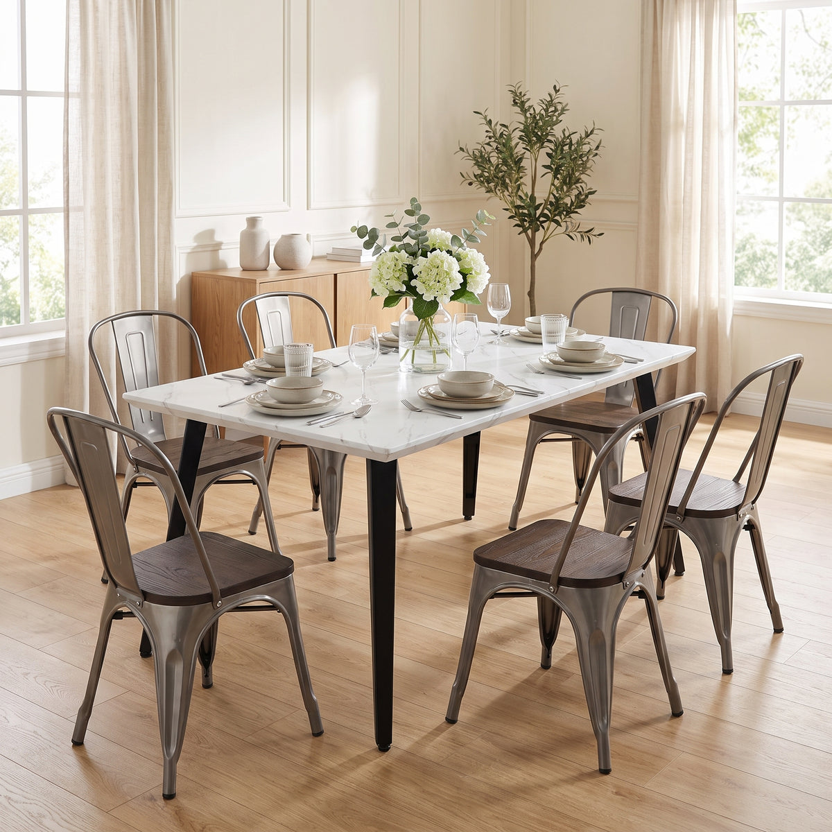 Homy Casa STAN+KRICOX 7PC Dining Set 63” White Marble Table with 6 Kricox Silver Wood Dining Chairs Open Box