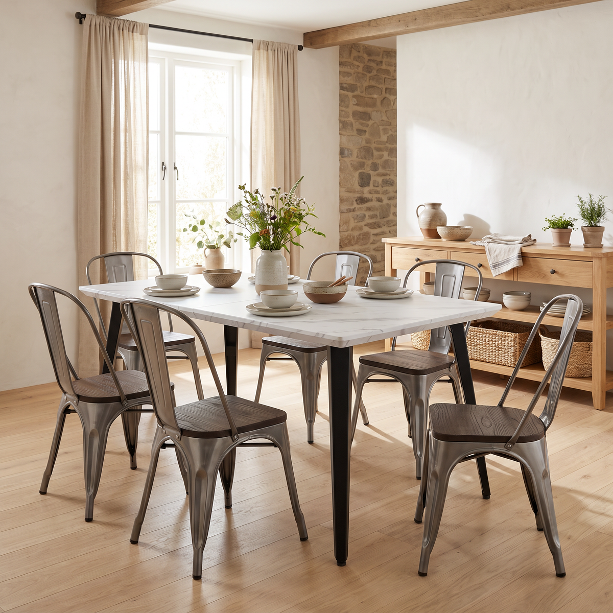Homy Casa STAN+KRICOX 7PC Dining Set 63” White Marble Table with 6 Kricox Silver Wood Dining Chairs Open Box