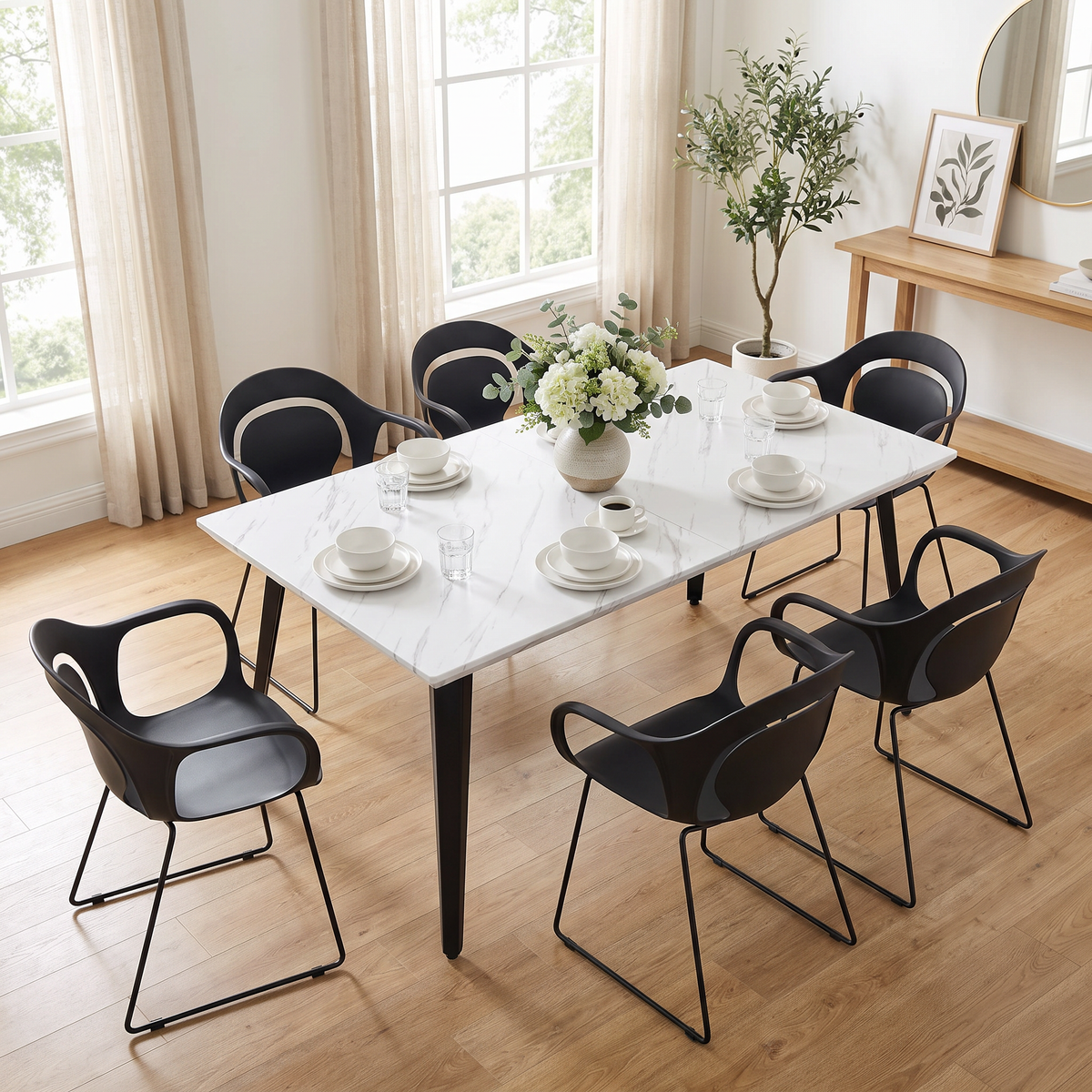 Homy Casa STAN+PHIL 7PC Dining Set 63” White Marble Table with 6 PHIL Black Dining Chairs Open Box