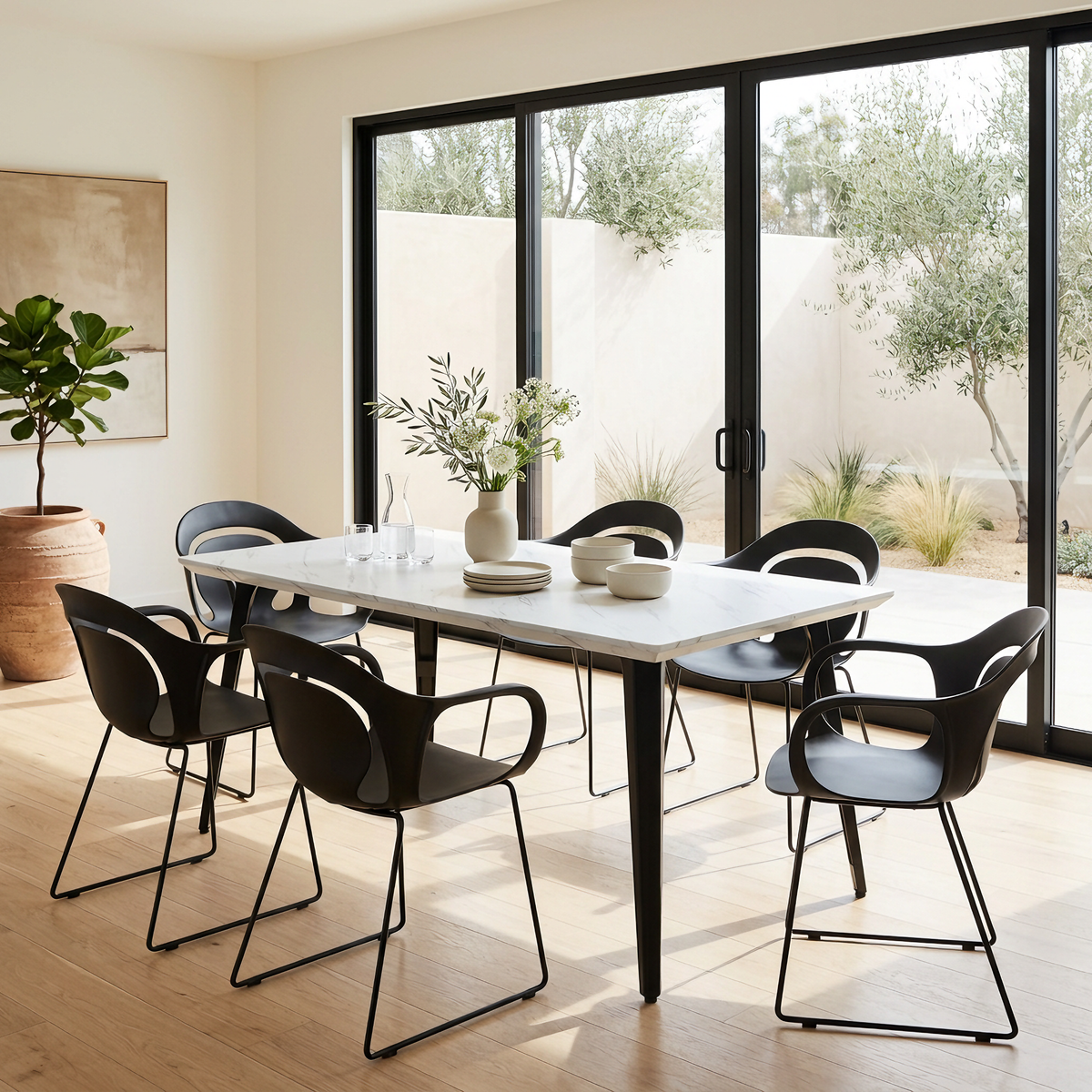Homy Casa STAN+PHIL 7PC Dining Set 63” White Marble Table with 6 PHIL Black Dining Chairs Open Box