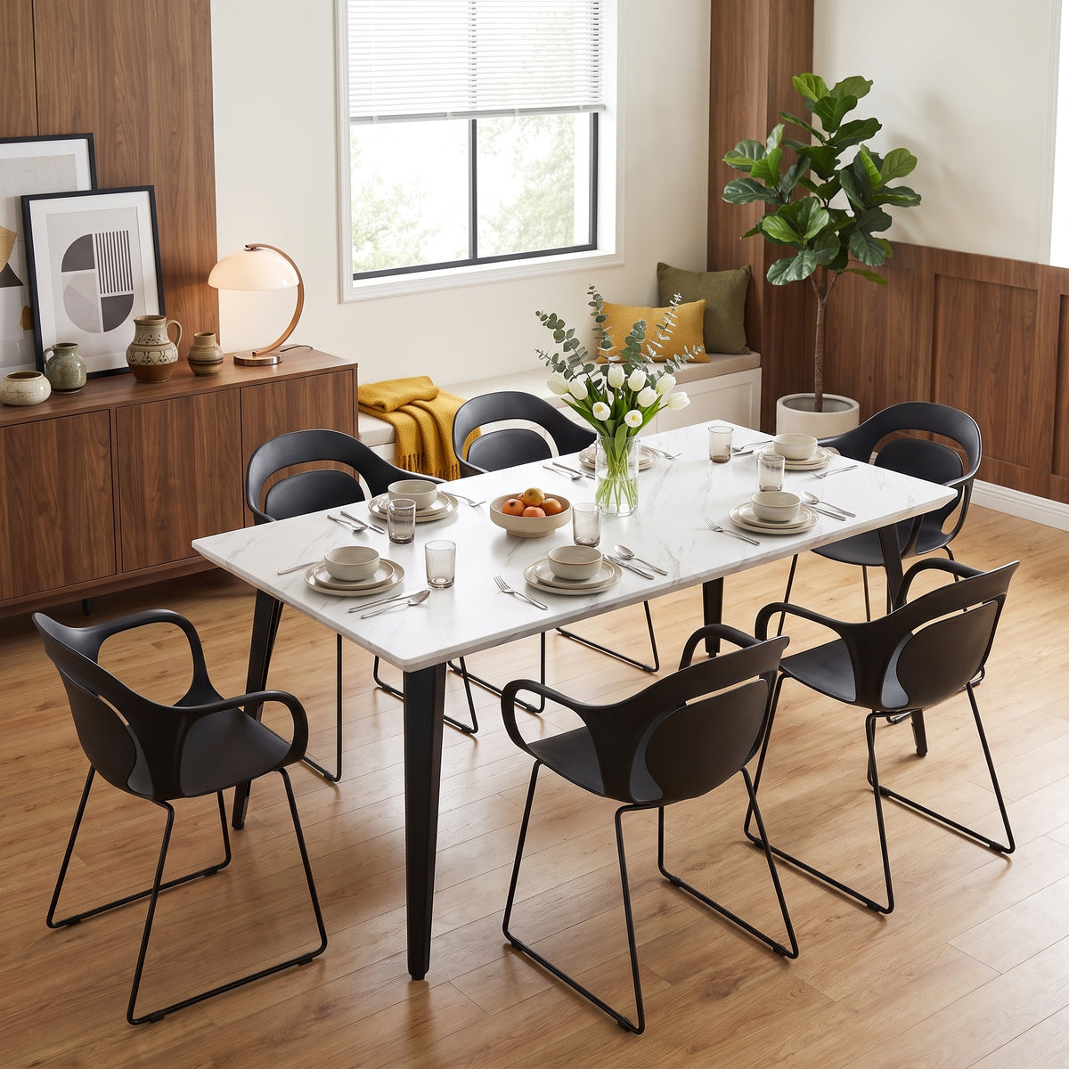 Homy Casa STAN+PHIL 7PC Dining Set 63” White Marble Table with 6 PHIL Black Dining Chairs Open Box