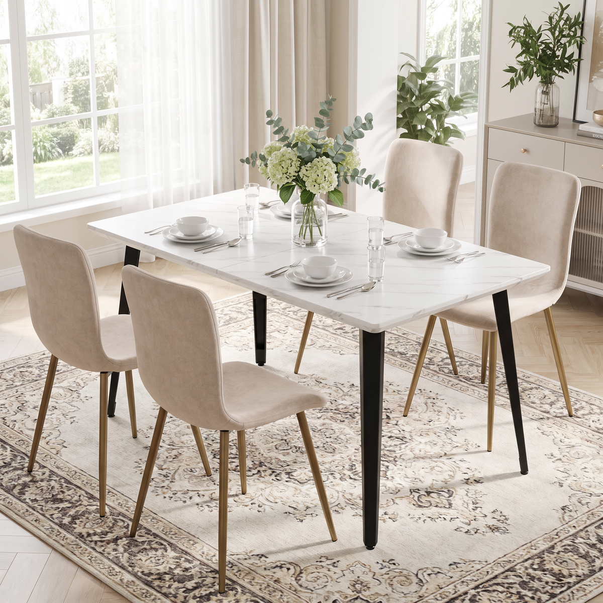 Homy Casa STAN+SCARGILL 5PC Dining Set 63" White Marble-Look Table with 4 Scargill Beige Upholstered Chairs Open Box