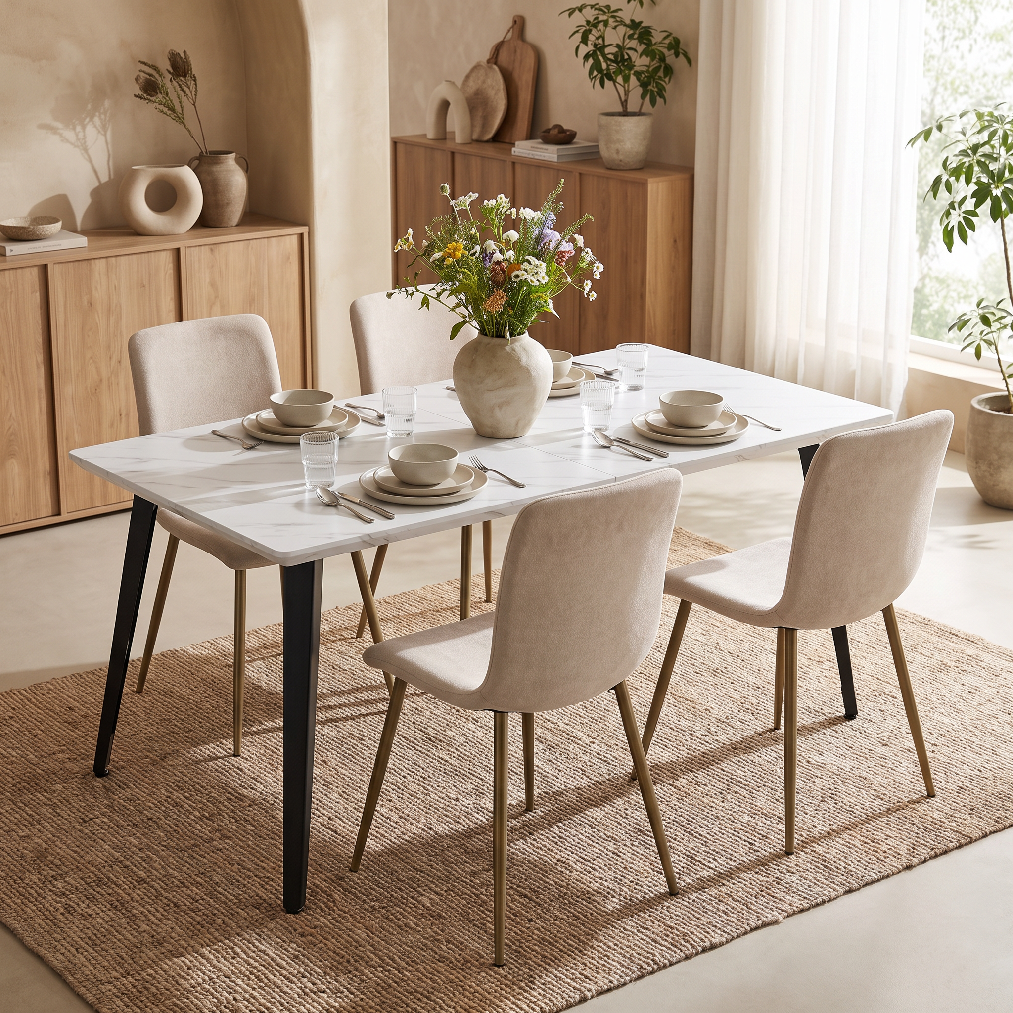 Homy Casa STAN+SCARGILL 5PC Dining Set 63" White Marble-Look Table with 4 Scargill Beige Upholstered Chairs Open Box