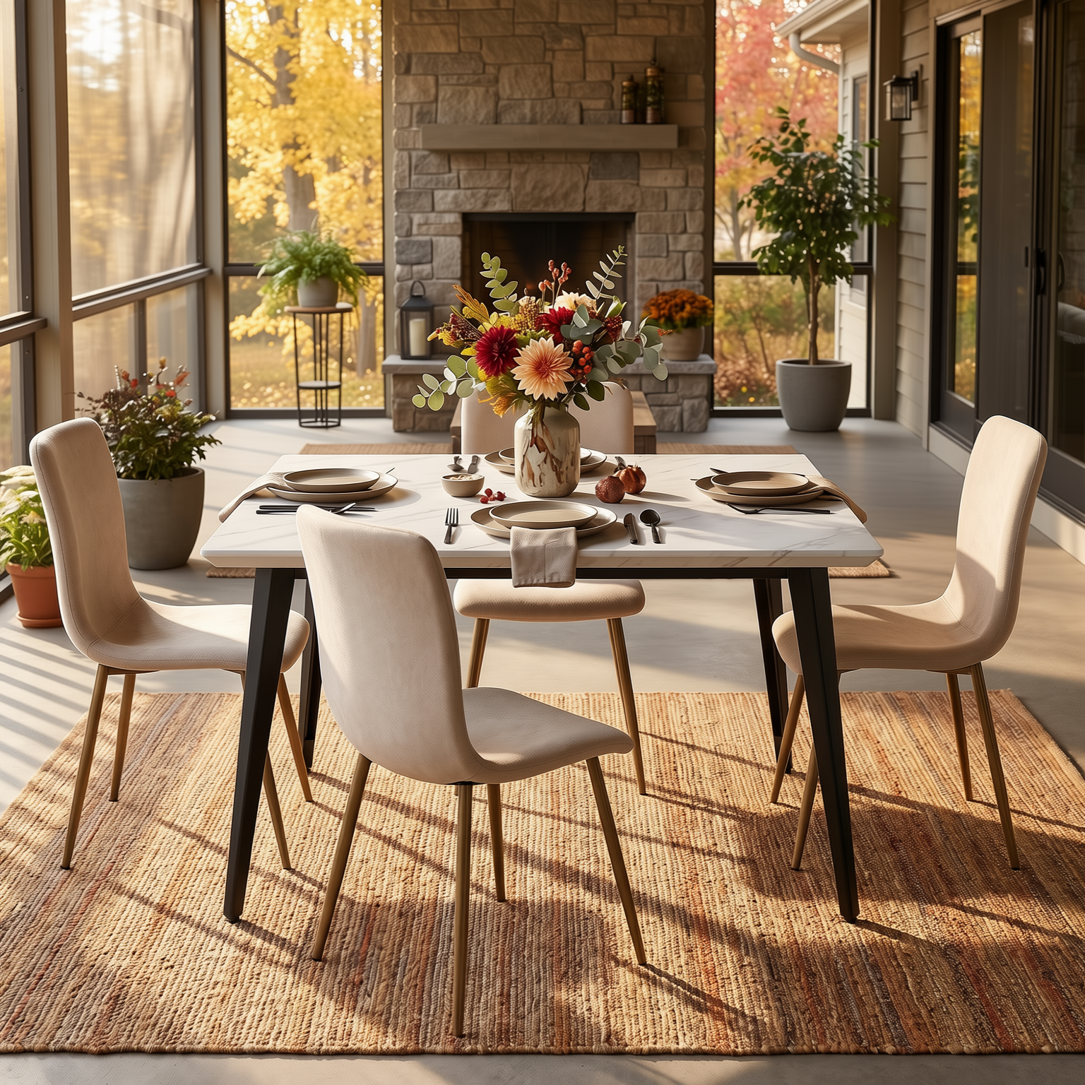 Homy Casa STAN+SCARGILL 5PC Dining Set 63" White Marble-Look Table with 4 Scargill Beige Upholstered Chairs Open Box