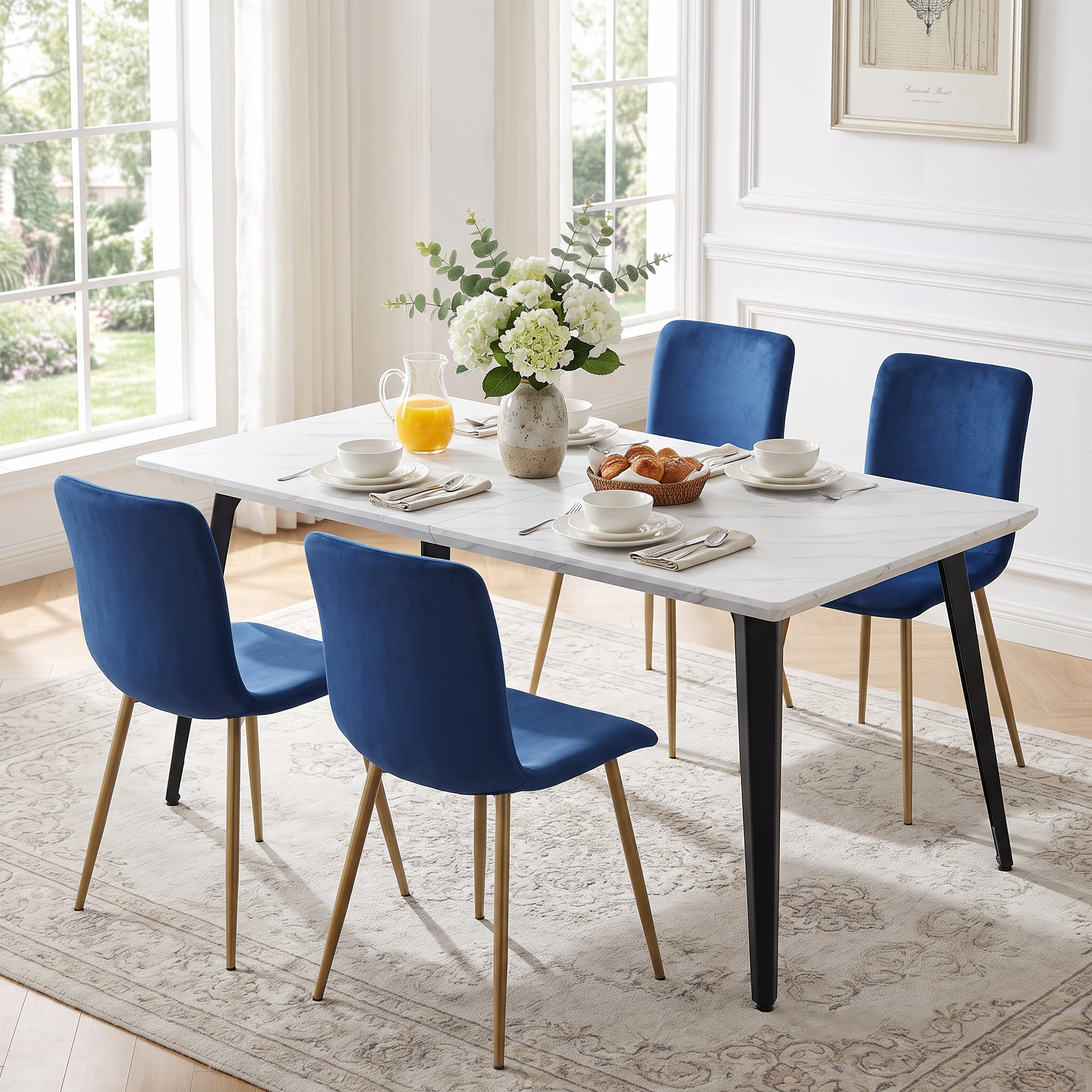 Homy Casa STAN+SCARGILL 5PC Dining Set 63" White Marble Table with 4 Scargill Blue Fabric Chairs Open Box