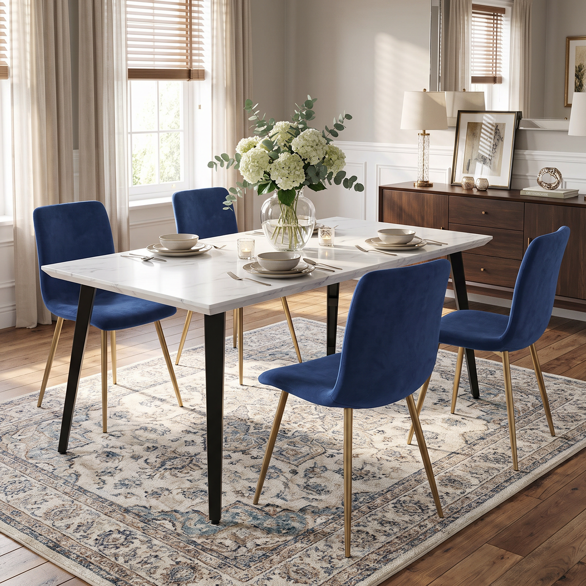 Homy Casa STAN+SCARGILL 5PC Dining Set 63" White Marble Table with 4 Scargill Blue Fabric Chairs Open Box