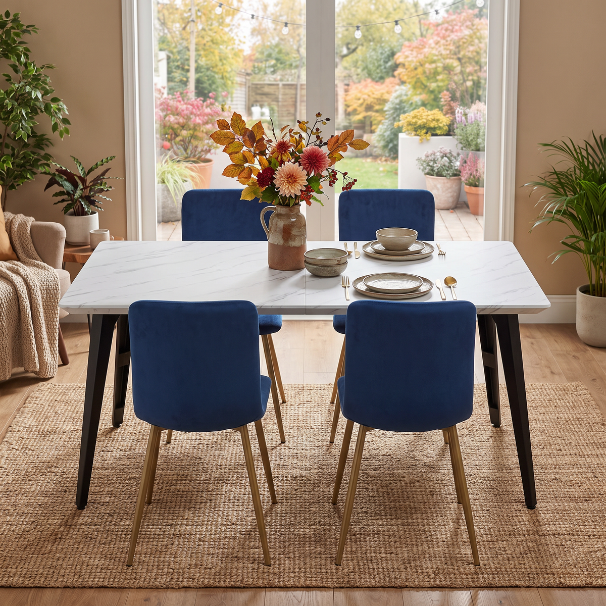 Homy Casa STAN+SCARGILL 5PC Dining Set 63" White Marble Table with 4 Scargill Blue Fabric Chairs Open Box