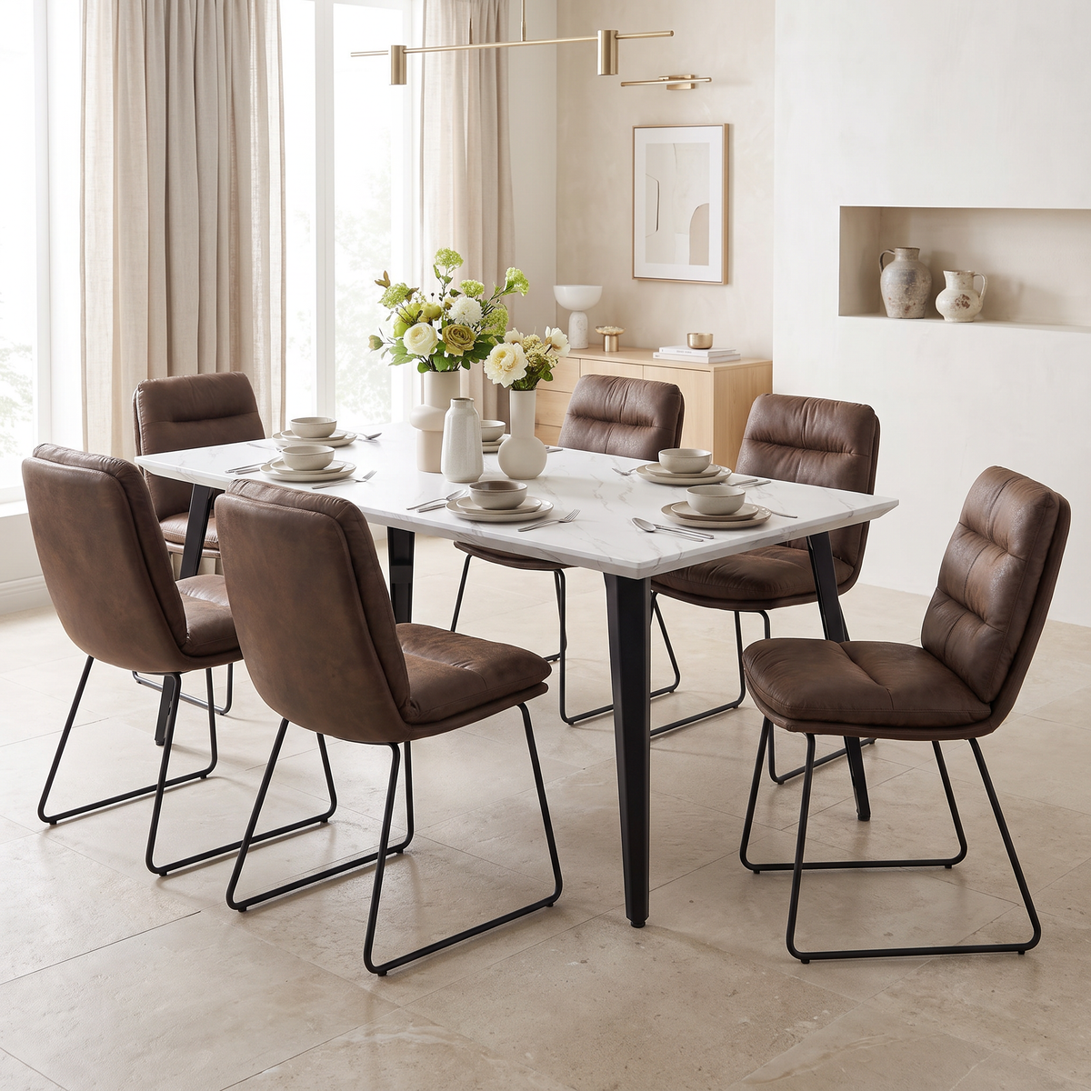 Homy Casa STAN+STEFFEN 7PC Dining Set 63” White Marble Table with 6 Steffen Brown Upholstered Chairs Open Box