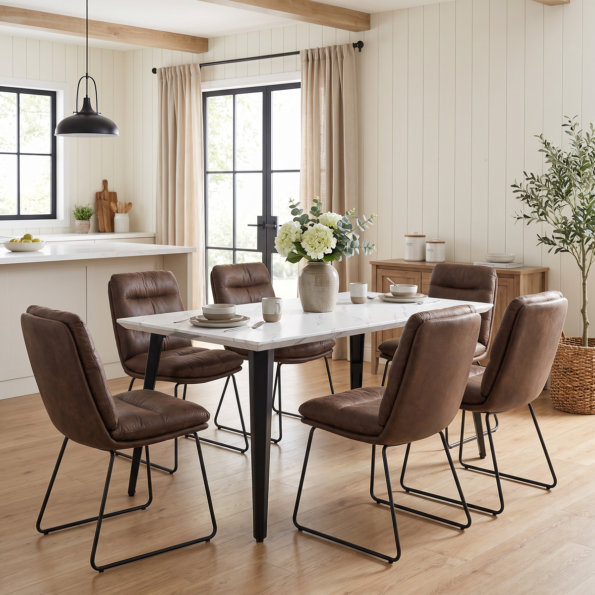 Homy Casa STAN+STEFFEN 7PC Dining Set 63” White Marble Table with 6 Steffen Brown Upholstered Chairs Open Box
