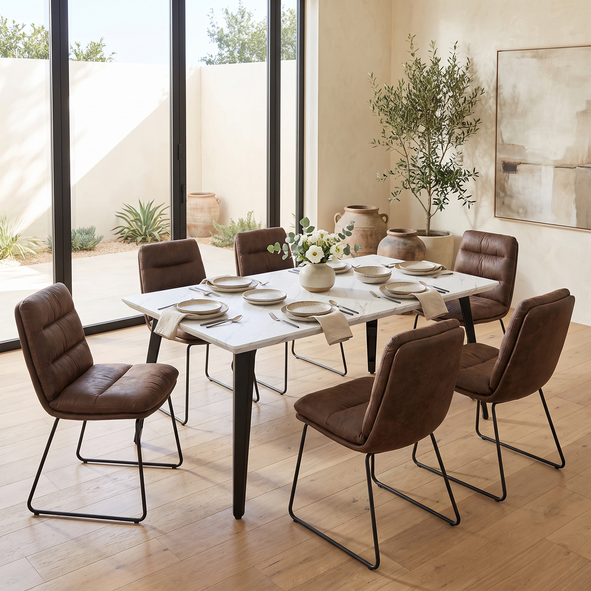 Homy Casa STAN+STEFFEN 7PC Dining Set 63” White Marble Table with 6 Steffen Brown Upholstered Chairs Open Box