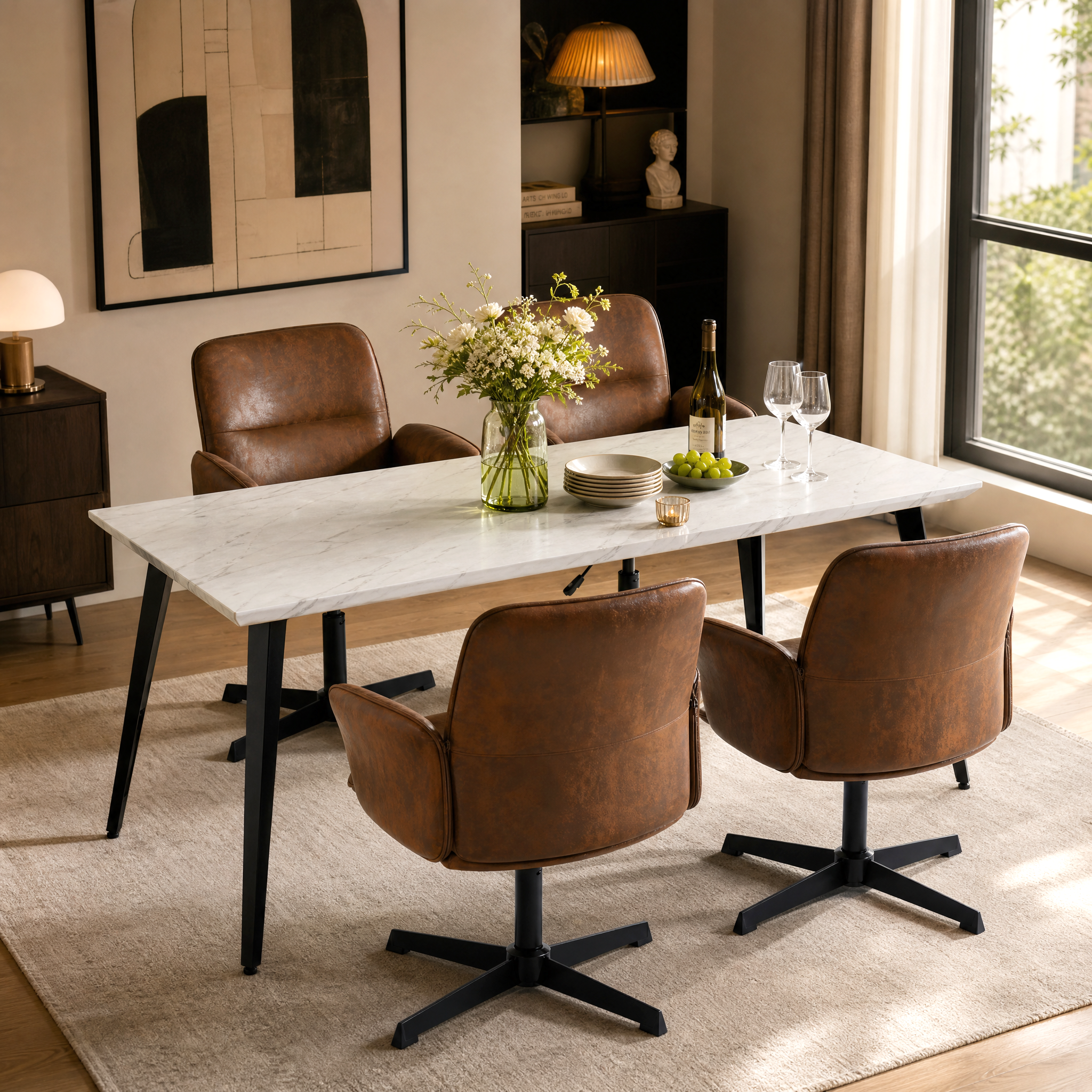 Homy Casa STAN+THOMASINA 5PC Dining Set 63" White Marble-Look Table with 4 Thomasina Brown Swivel Chairs Open Box
