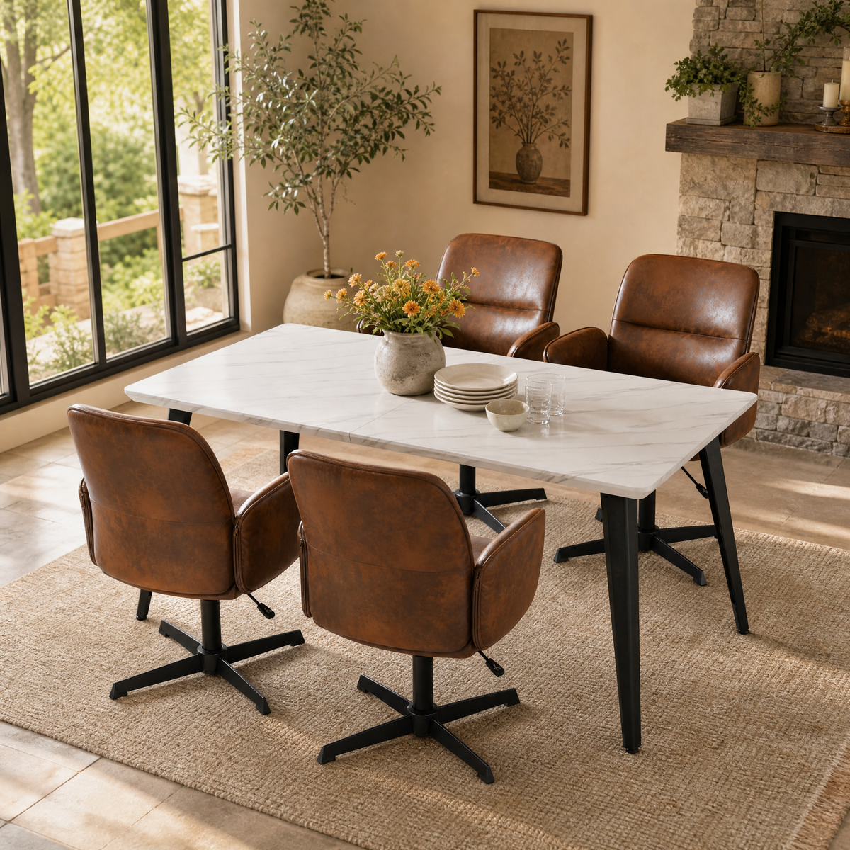 Homy Casa STAN+THOMASINA 5PC Dining Set 63" White Marble-Look Table with 4 Thomasina Brown Swivel Chairs Open Box
