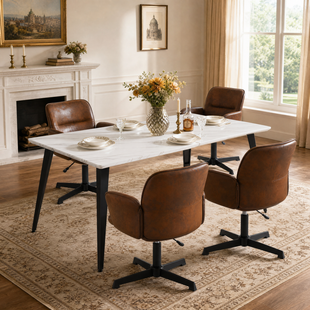 Homy Casa STAN+THOMASINA 5PC Dining Set 63" White Marble-Look Table with 4 Thomasina Brown Swivel Chairs Open Box