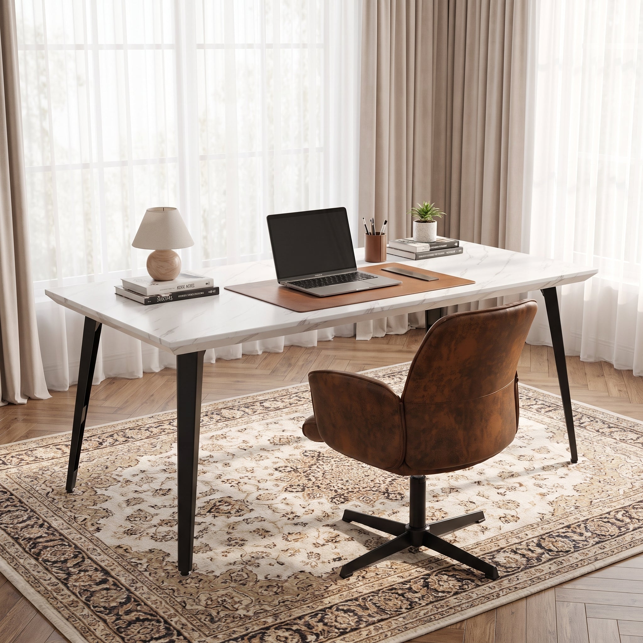 Homy Casa STAN+THOMASINA 2PC Home Office Set 62.9” White Desk with Adjustable Swivel Armchair in Brown and Black Open Box