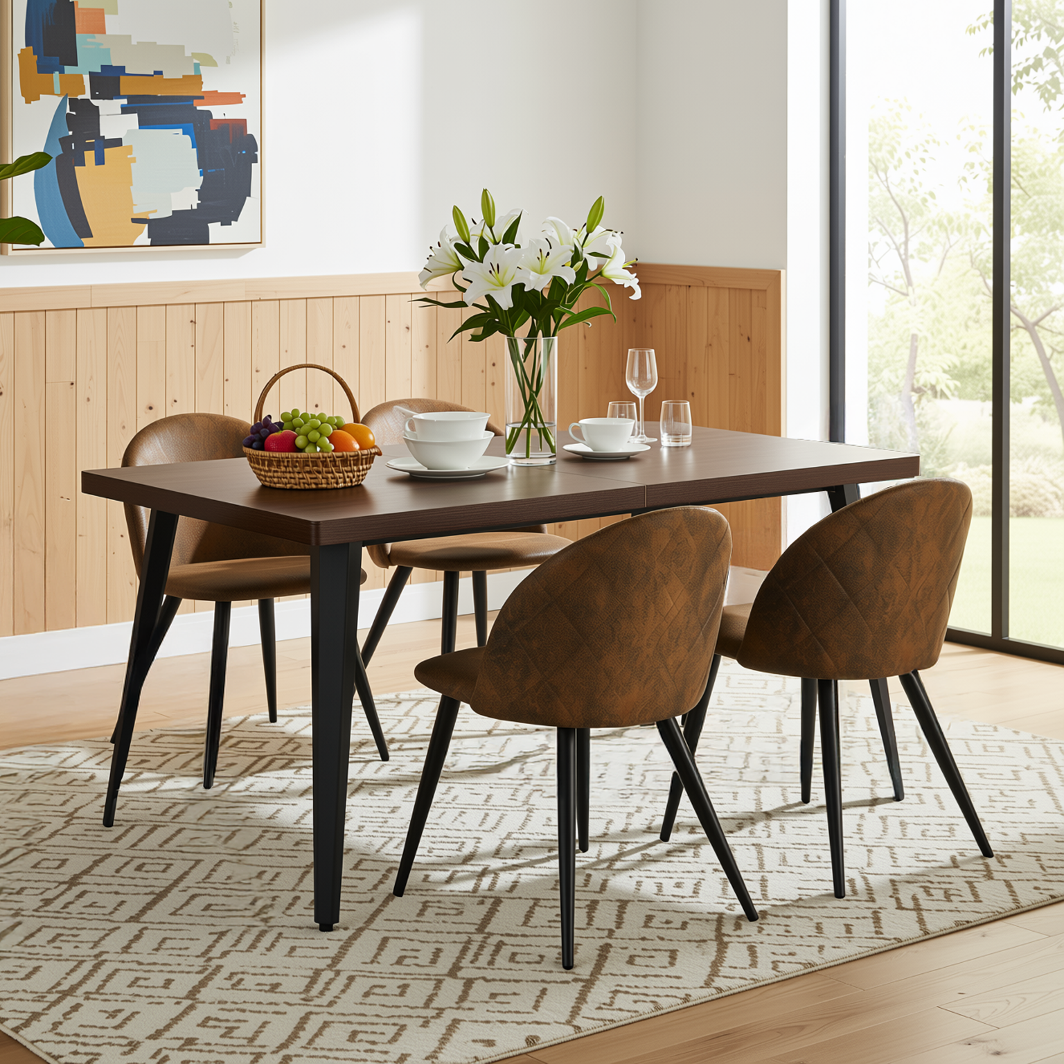 Homy Casa Stan 5PC Modern Mid-Century Dining Set 63” Brown Table with 4 Zomba Suede Brown Chairs