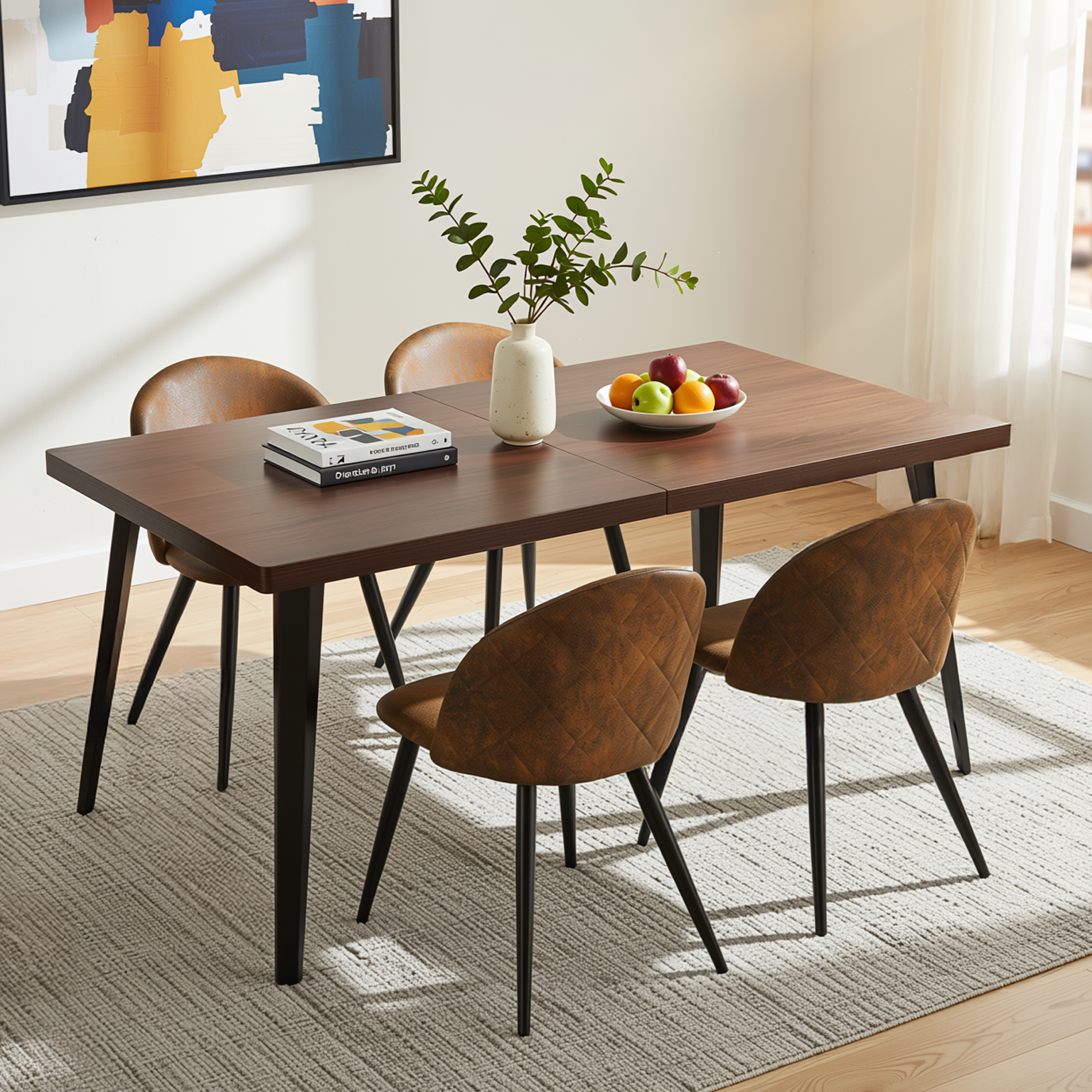 Homy Casa Stan 5PC Modern Mid-Century Dining Set 63” Brown Table with 4 Zomba Suede Brown Chairs