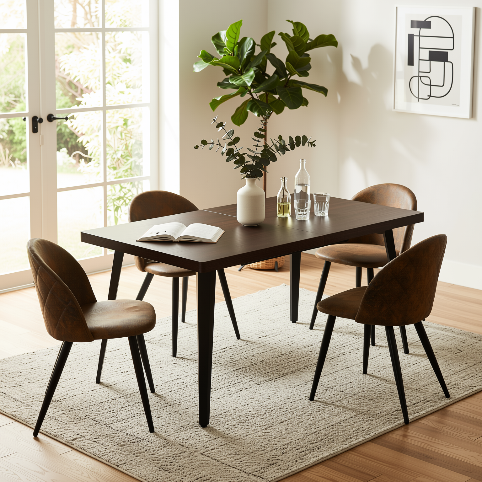 Homy Casa Stan 5PC Modern Mid-Century Dining Set 63” Brown Table with 4 Zomba Suede Brown Chairs