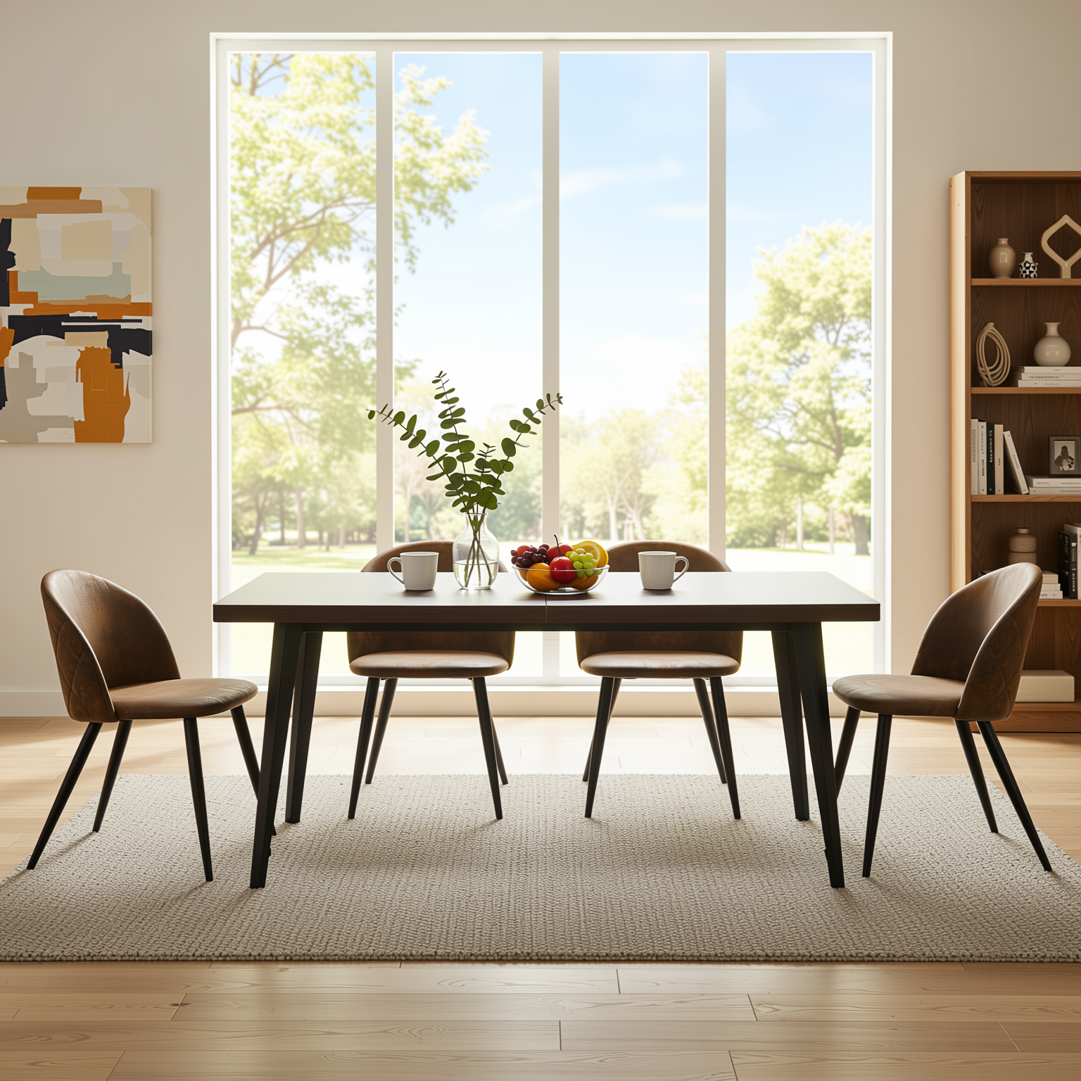 Homy Casa Stan 5PC Modern Mid-Century Dining Set 63” Brown Table with 4 Zomba Suede Brown Chairs