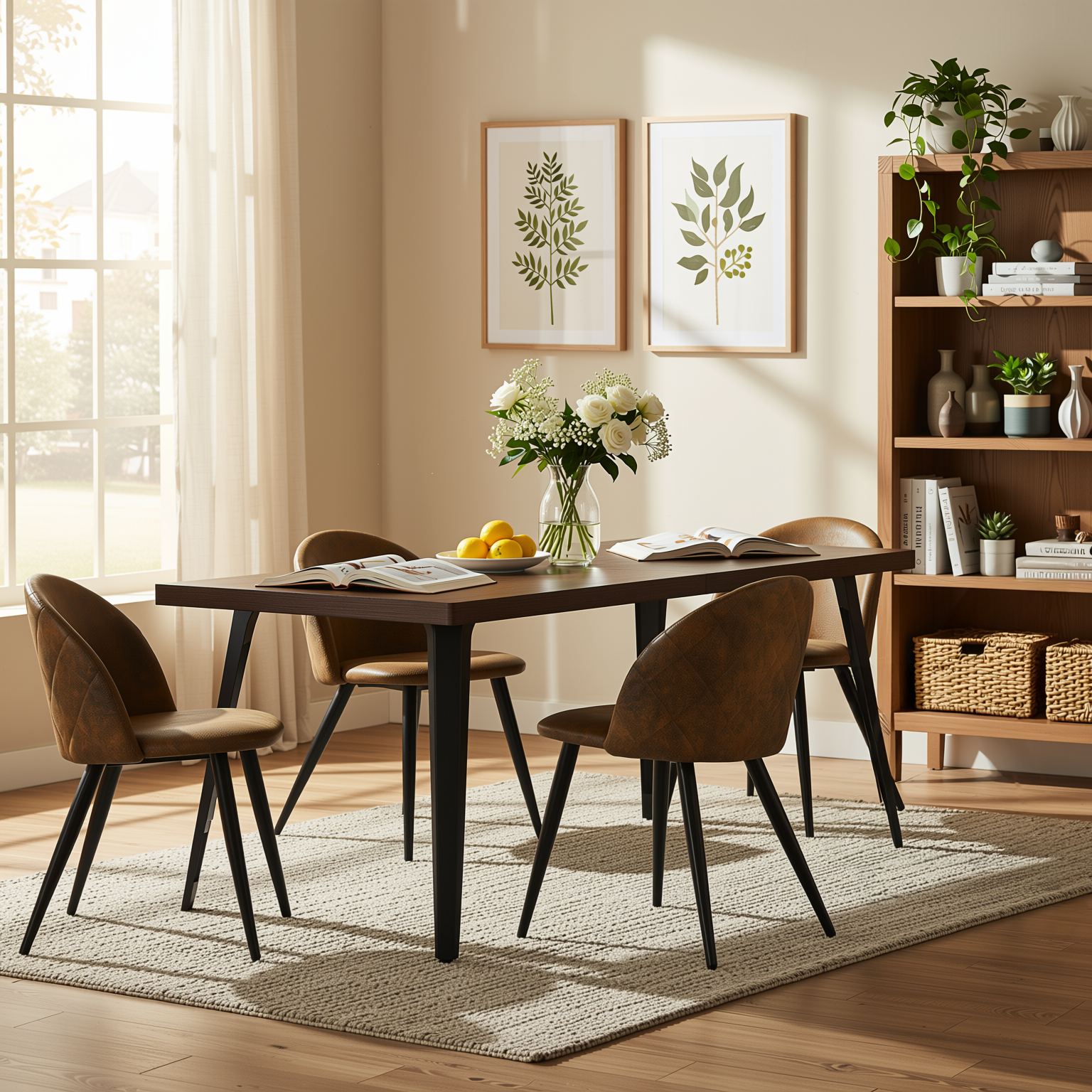 Homy Casa Stan 5PC Modern Mid-Century Dining Set 63” Brown Table with 4 Zomba Suede Brown Chairs