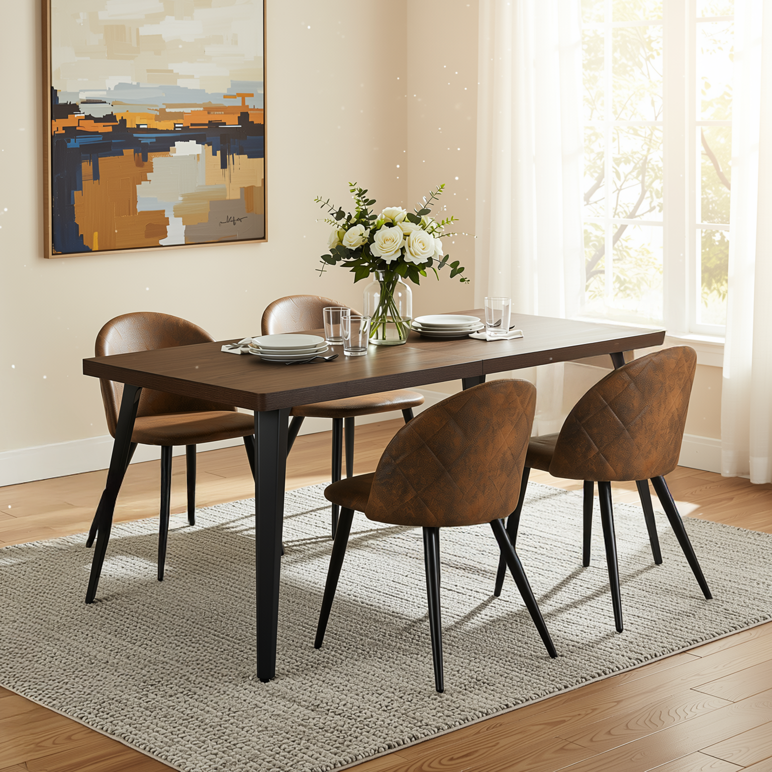 Homy Casa Stan 5PC Modern Mid-Century Dining Set 63” Brown Table with 4 Zomba Suede Brown Chairs