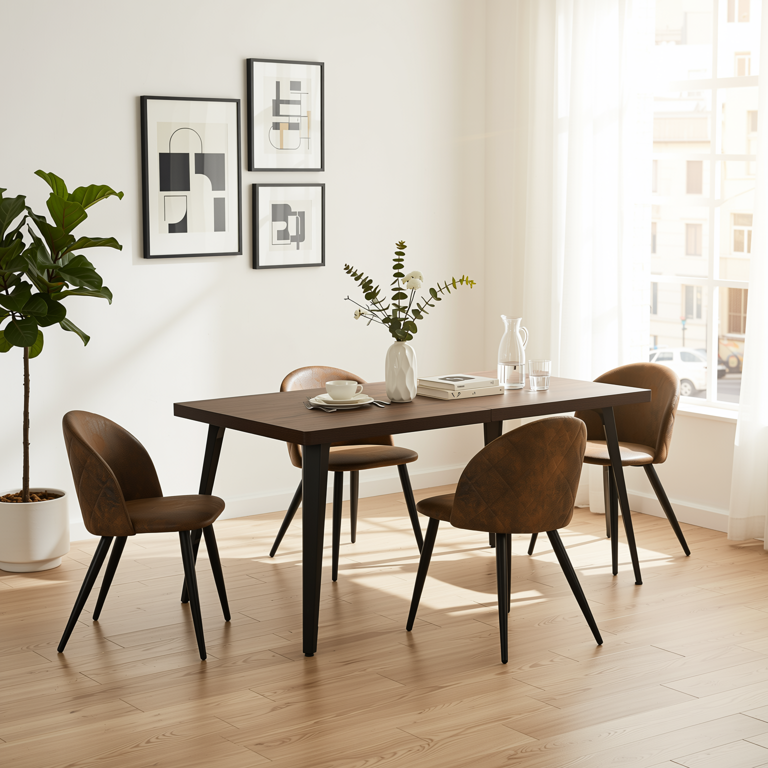 Homy Casa Stan 5PC Modern Mid-Century Dining Set 63” Brown Table with 4 Zomba Suede Brown Chairs