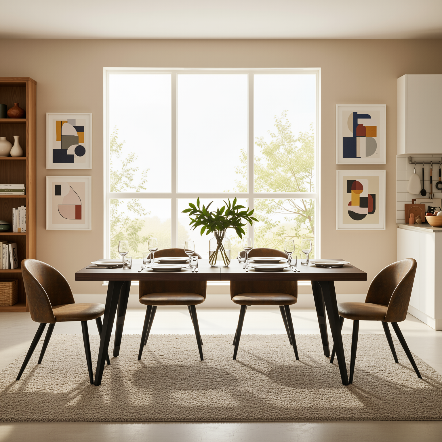 Homy Casa Stan 5PC Modern Mid-Century Dining Set 63” Brown Table with 4 Zomba Suede Brown Chairs