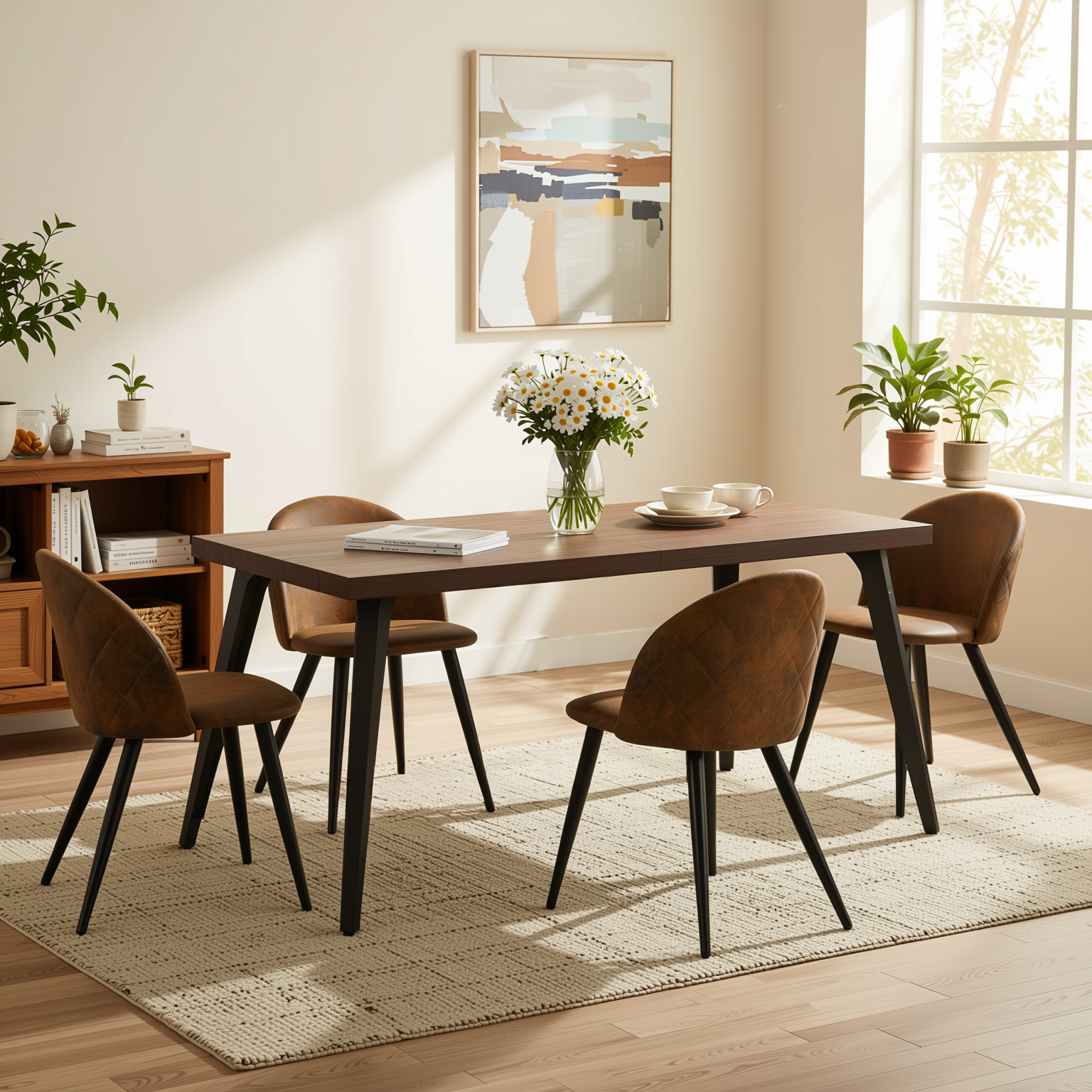 Homy Casa Stan 5PC Modern Mid-Century Dining Set 63” Brown Table with 4 Zomba Suede Brown Chairs