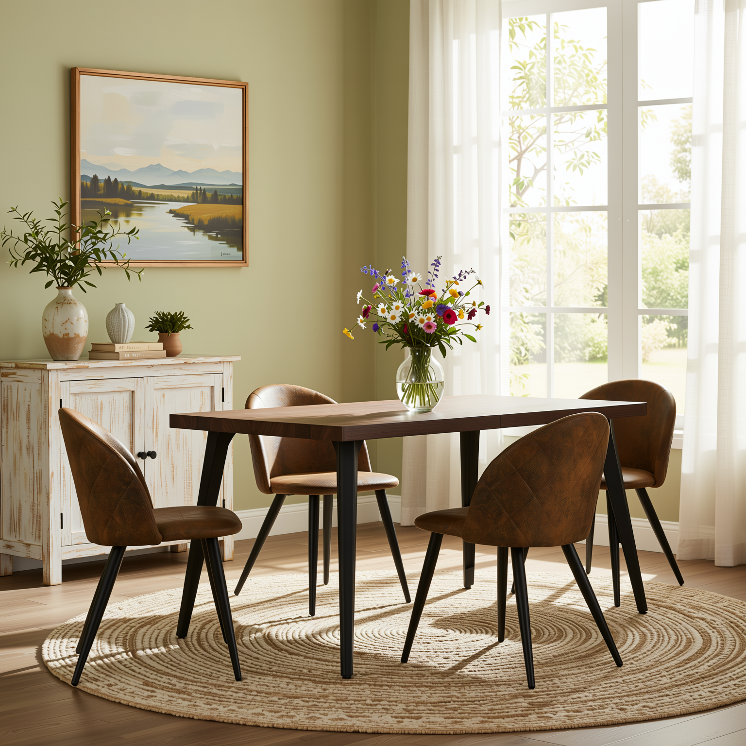 Homy Casa Stan 5PC Modern Mid-Century Dining Set 63” Brown Table with 4 Zomba Suede Brown Chairs