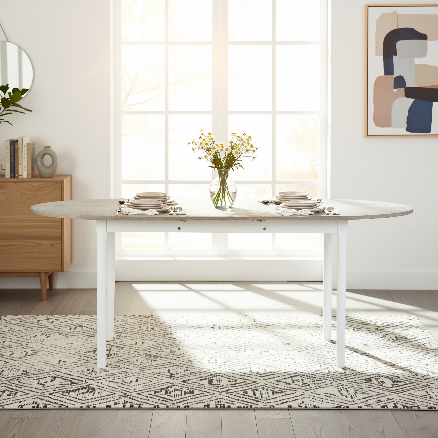 Homy Casa STOGER 5PC Scandinavian Extendable Dining Set 61"/74.8" Sonoma Oval Table with 4 Douro Tufted Grey Fabric Chairs