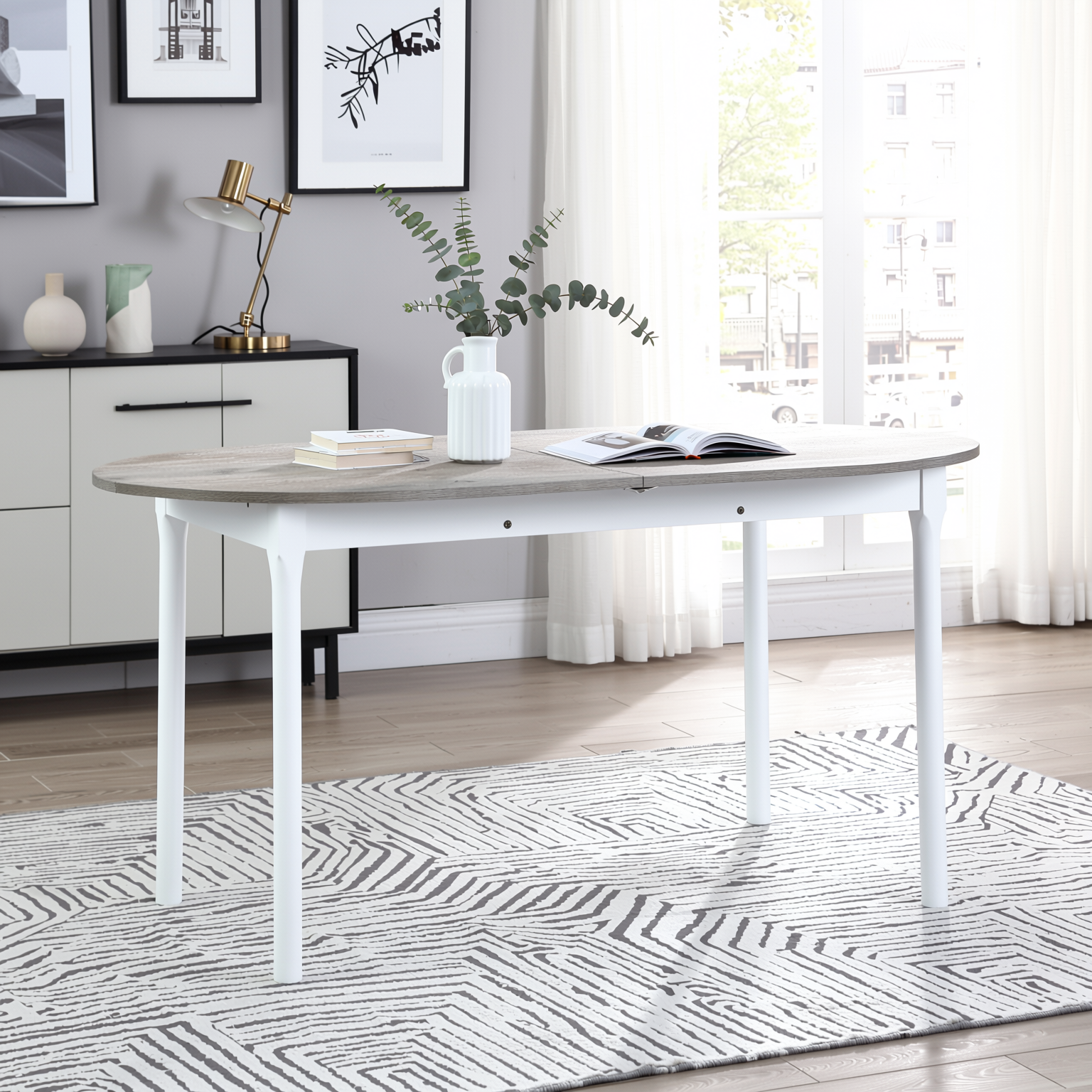 Homy Casa STOGER 5PC Scandinavian Extendable Dining Set 61"/74.8" Sonoma Oval Table with 4 Douro Tufted Grey Fabric Chairs