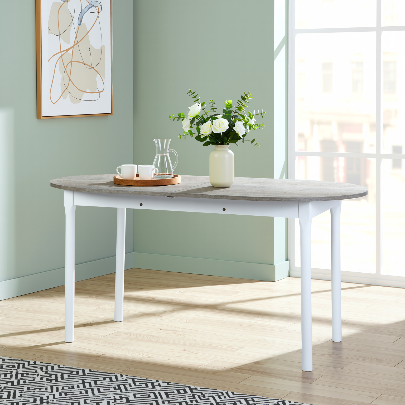 Homy Casa STOGER 5PC Scandinavian Extendable Dining Set 61"/74.8" Sonoma Oval Table with 4 Douro Tufted Grey Fabric Chairs