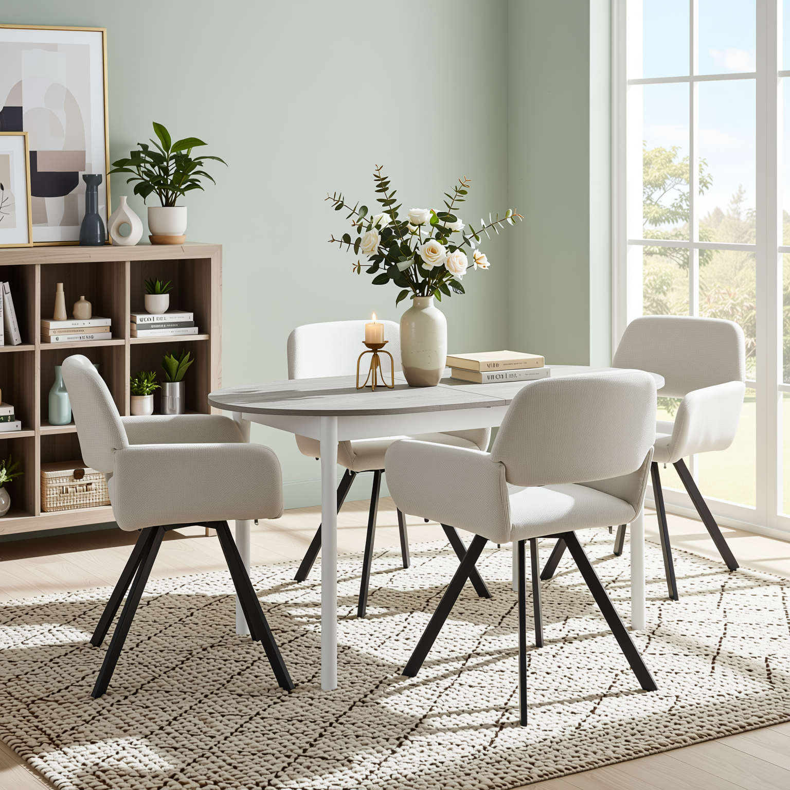 Homy Casa STOGER 5PC Dining Set 61"/75" Extendable Oval Table Sonoma Finish with 4 California Beige Swivel Chairs Open Box