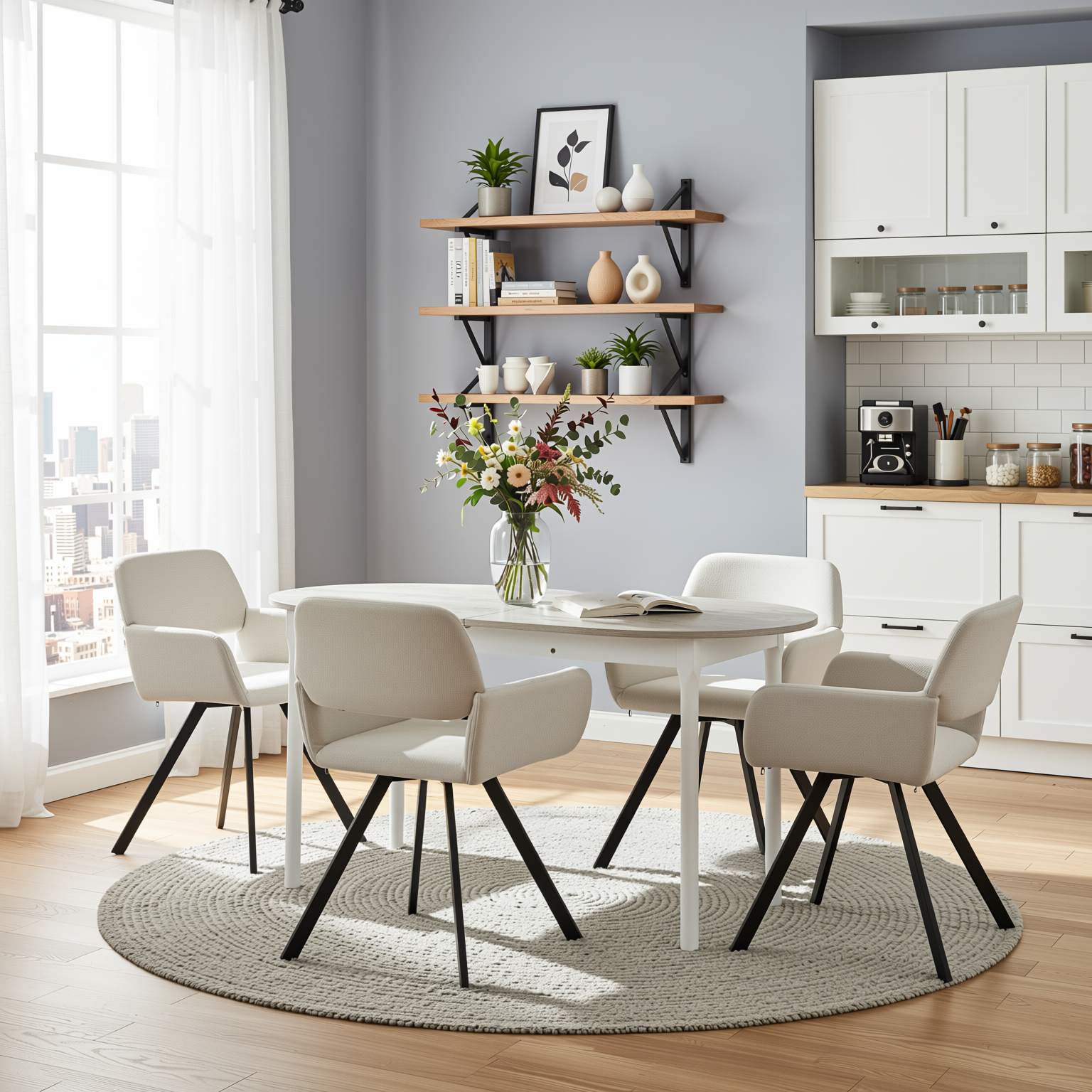 Homy Casa STOGER 5PC Dining Set 61"/75" Extendable Oval Table Sonoma Finish with 4 California Beige Swivel Chairs Open Box