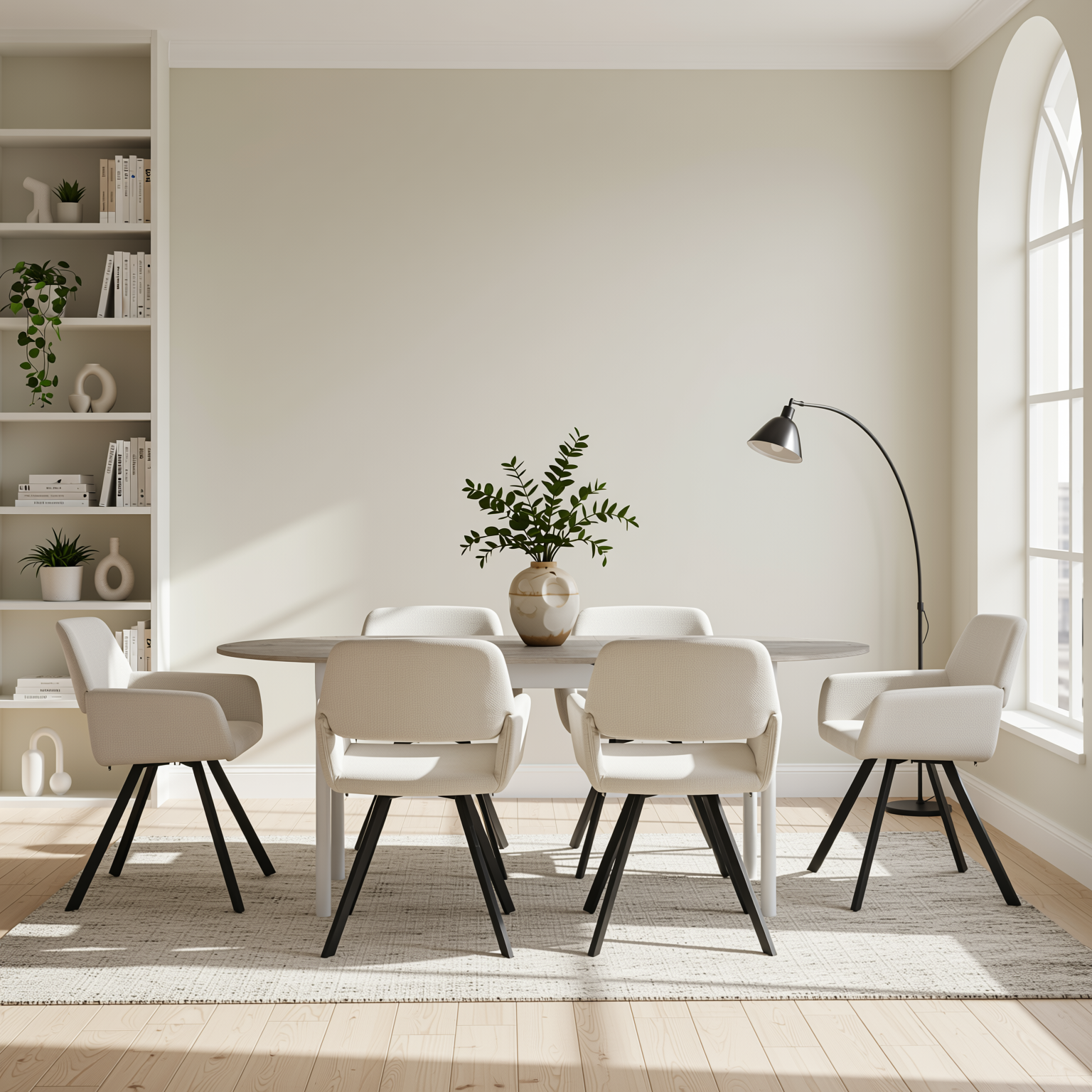Homy Casa STOGER 7PC Modern Scandinavian Dining Set 61"/75" Extendable Oval Table Sonoma Finish with 6 California Beige Swivel Chairs