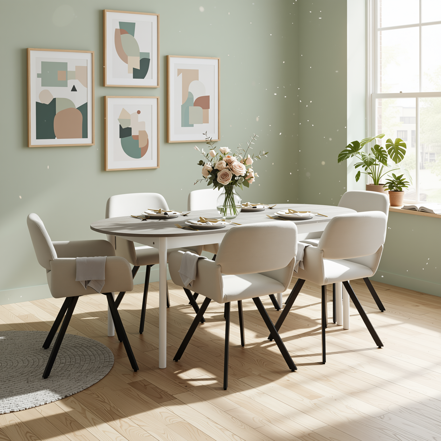 Homy Casa STOGER 7PC Modern Scandinavian Dining Set 61"/75" Extendable Oval Table Sonoma Finish with 6 California Beige Swivel Chairs