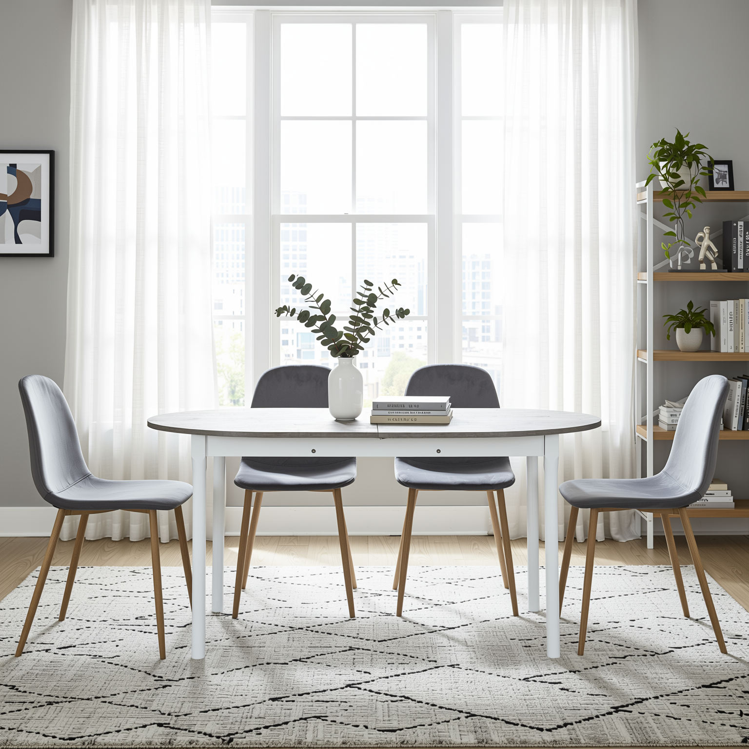Homy Casa STOGER 5PC Dining Set 61"/75" Extendable Oval Table Sonoma Finish with 4 Charlton Velvet Grey Chairs Open Box