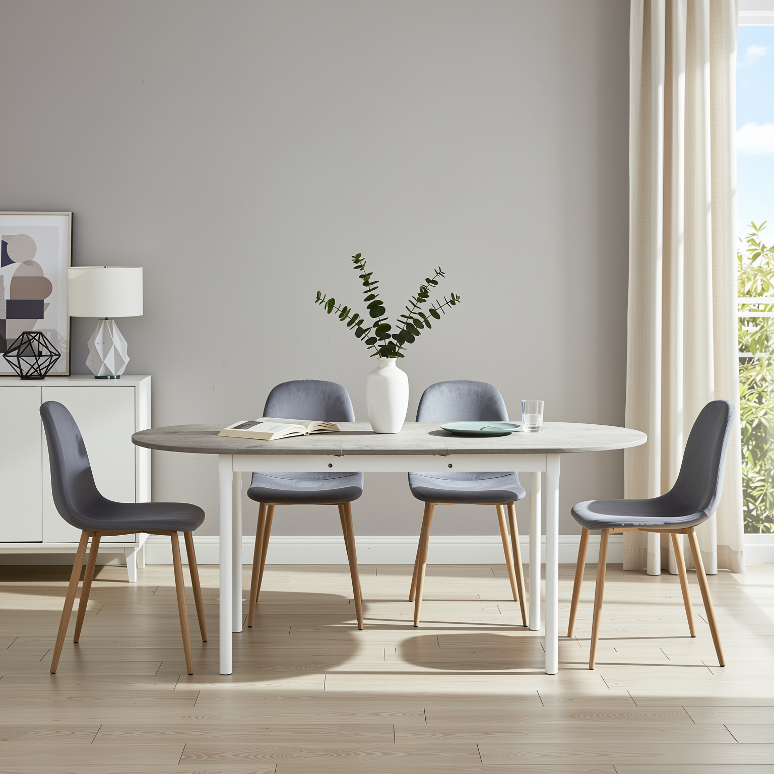 Homy Casa STOGER 5PC Dining Set 61"/75" Extendable Oval Table Sonoma Finish with 4 Charlton Velvet Grey Chairs Open Box