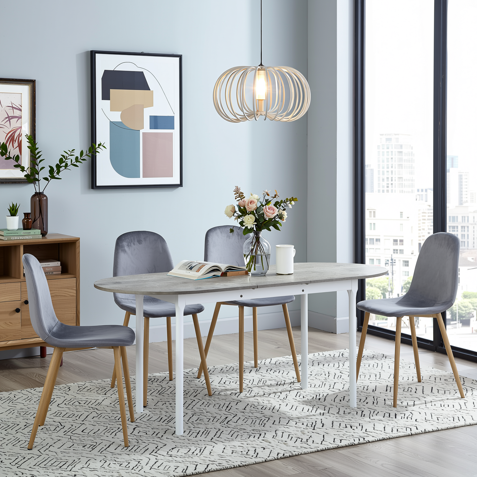 Homy Casa STOGER 5PC Dining Set 61"/75" Extendable Oval Table Sonoma Finish with 4 Charlton Velvet Grey Chairs Open Box