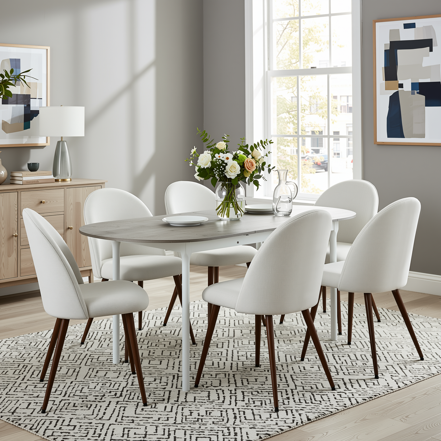 Homy Casa STOGER 7PC Dining Set 74.8" Extendable Oval Table with 6 Haven Upholstered High Back Chairs Open Box