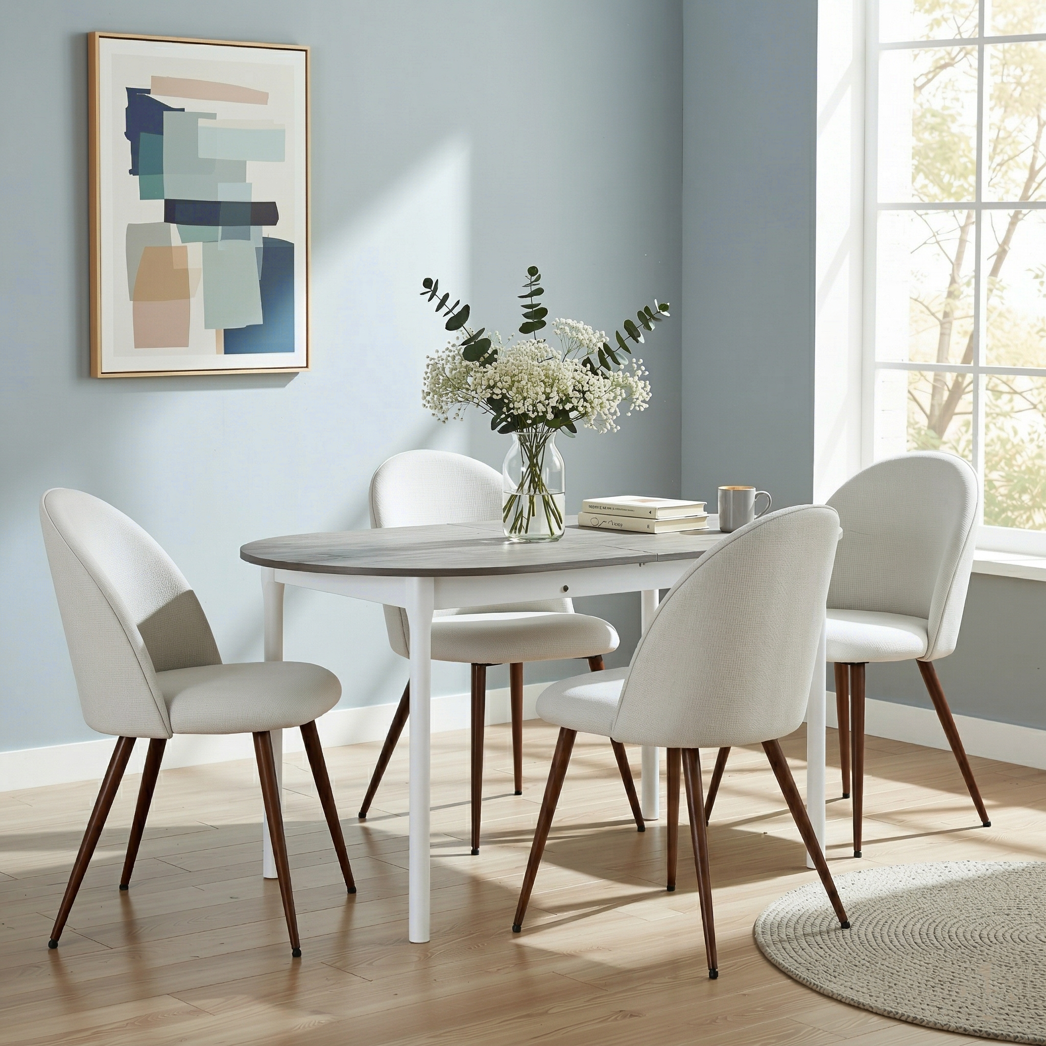 Homy Casa STOGER 5PC Scandinavian Extendable Dining Set with 4 Haven Upholstered Chairs