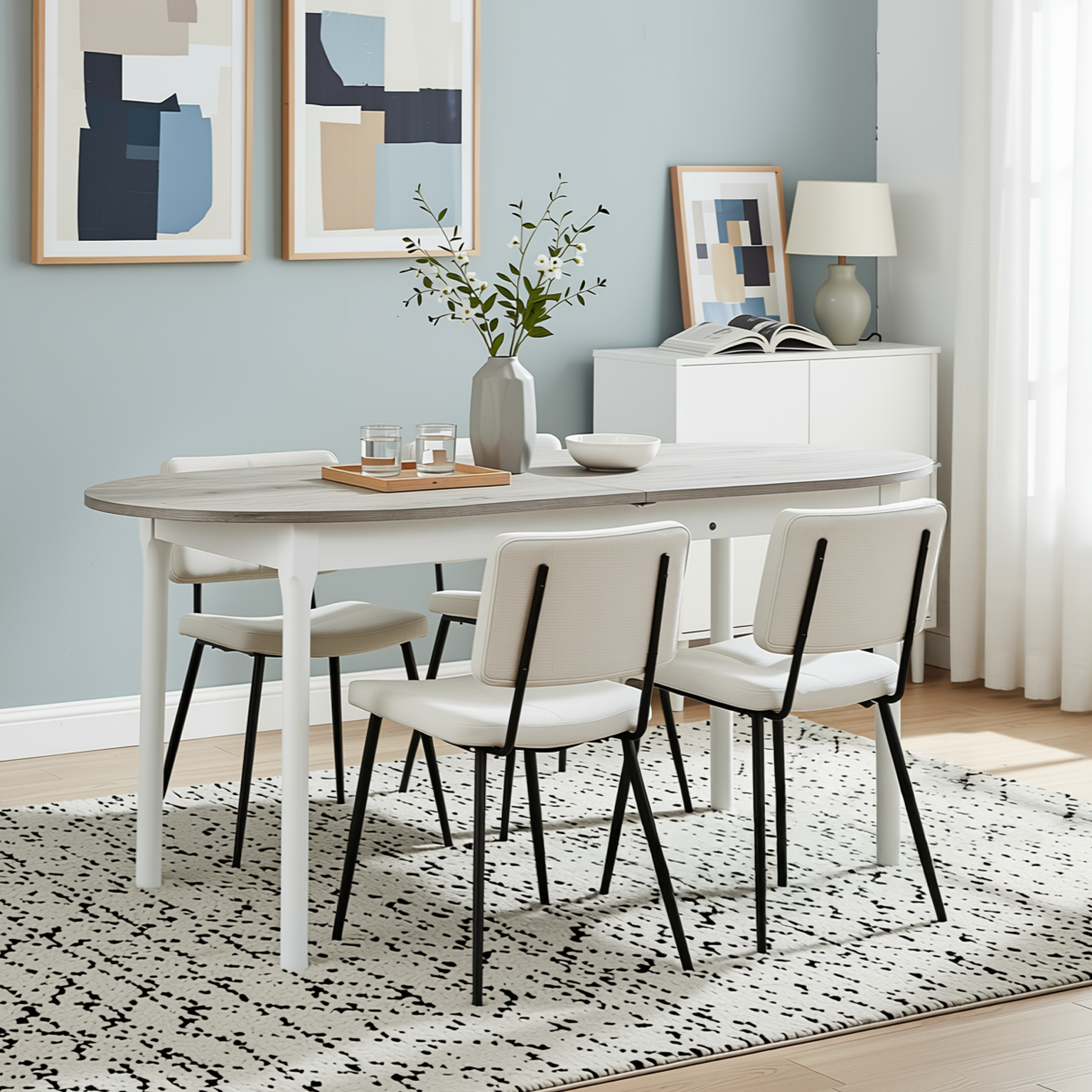 Homy Casa STOGER 5PC Dining Set 61"/74.8" Extendable Oval Table Sonoma Finish with 4 Pomona Chairs Open Box
