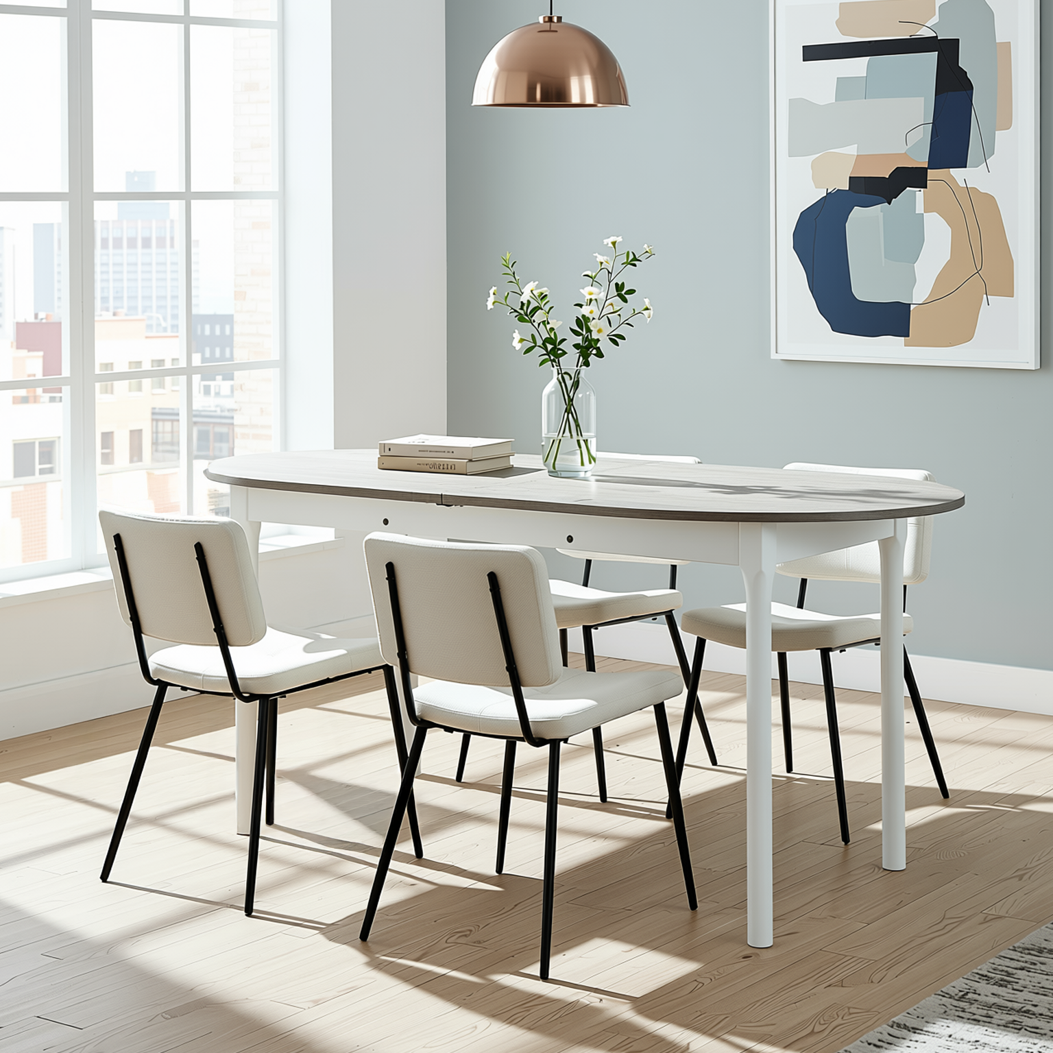 Homy Casa STOGER 5PC Dining Set 61"/74.8" Extendable Oval Table Sonoma Finish with 4 Pomona Chairs Open Box