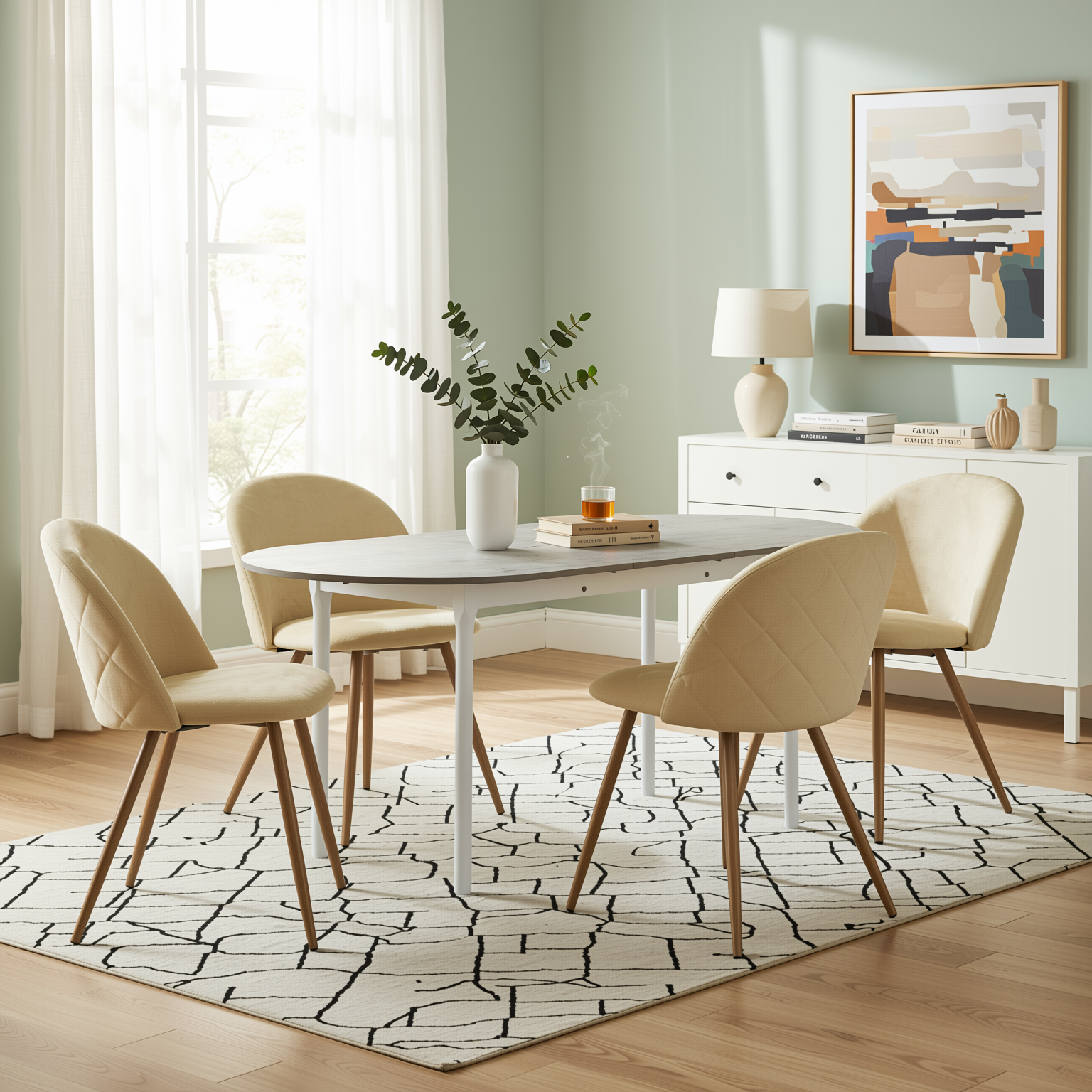 Homy Casa STOGER 5PC Dining Set 61"/74.8" Extendable Oval Table with 4 Puz Chairs Beige Open Box