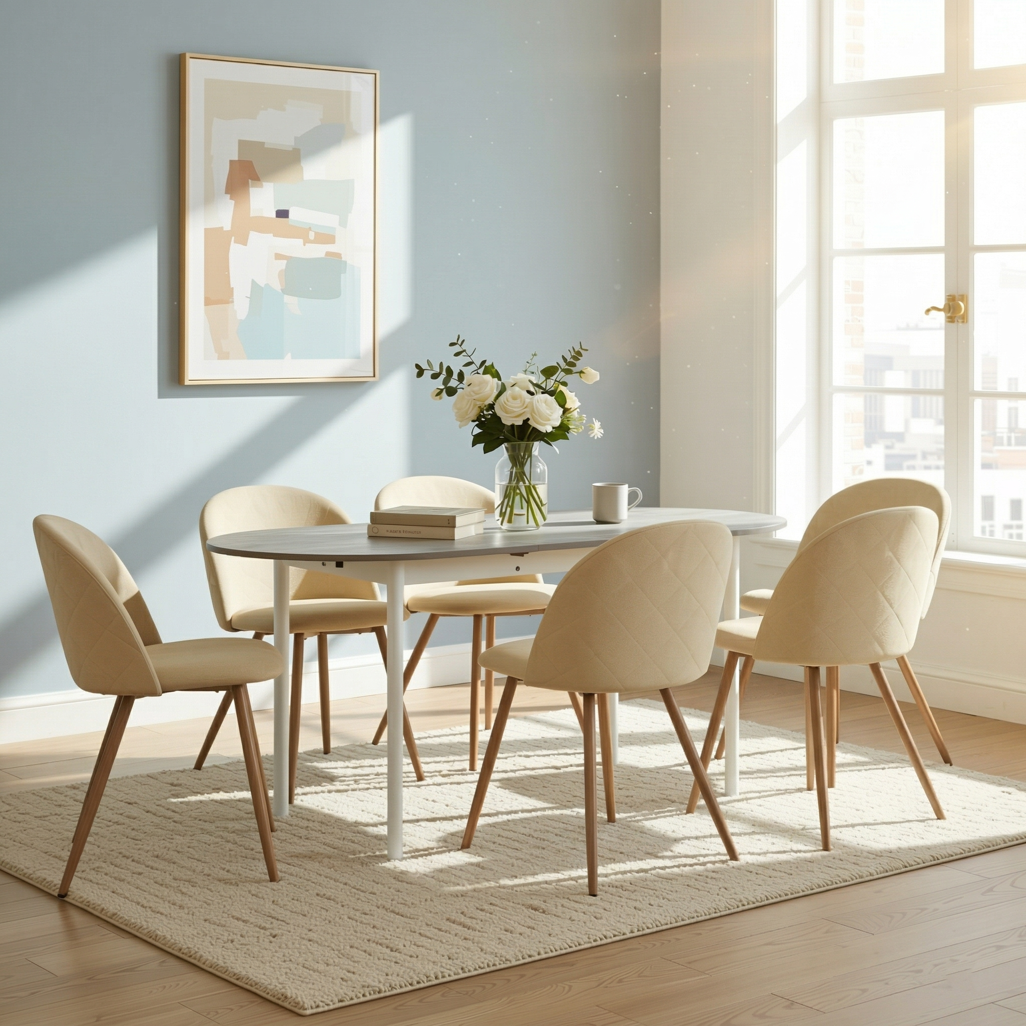 Homy Casa STOGER 5PC Dining Set 61"/74.8" Extendable Oval Table with 4 Puz Chairs Beige Open Box