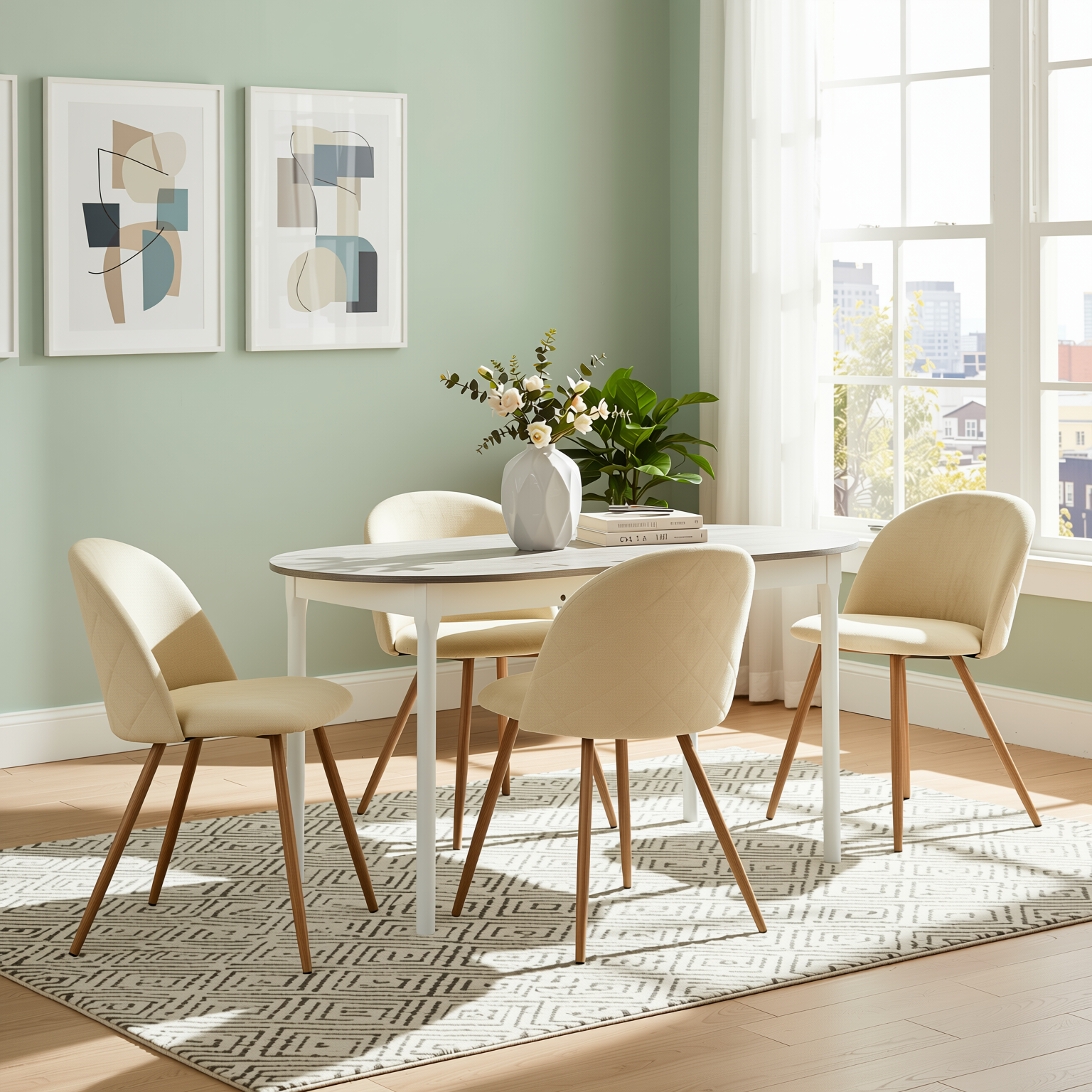Homy Casa PUZ 4PC Modern Fabric Upholstered Dining Chairs with Metal Legs in Cream Beige