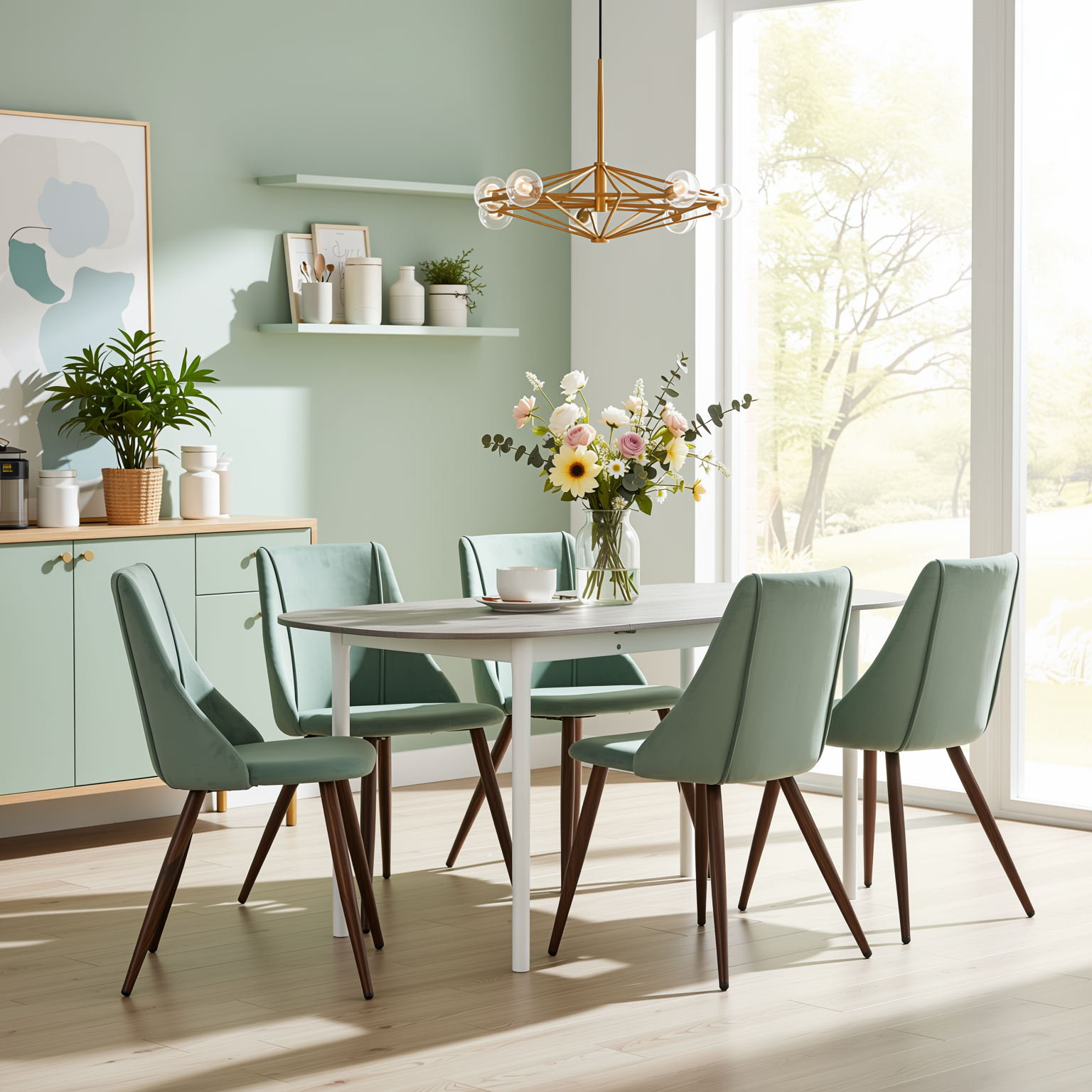 Homy Casa STOGER 7PC Modern Scandinavian Dining Set 61"/74.8" Extendable Oval Table with 6 Smeg Sonoma Velvet Chairs Open Box