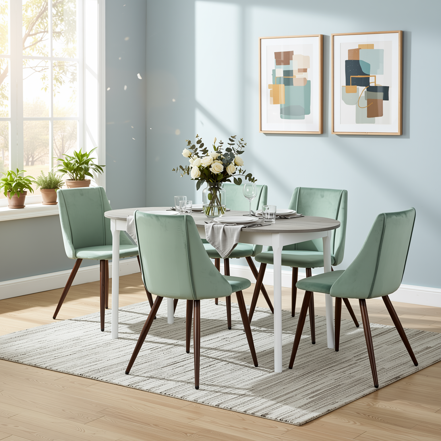 Homy Casa STOGER 5PC Dining Set 61"/74.8" Extendable Oval Table with 4 Smeg Velvet Chairs Sonoma Open Box