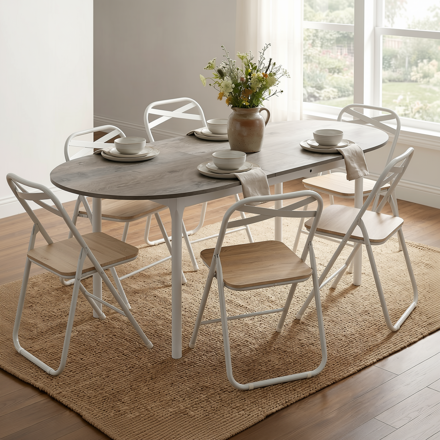 Homy Casa STOGER+FERN 7-Piece Dining Set 61-75" Extendable Dining Table and 6 Fern White Beech Chairs