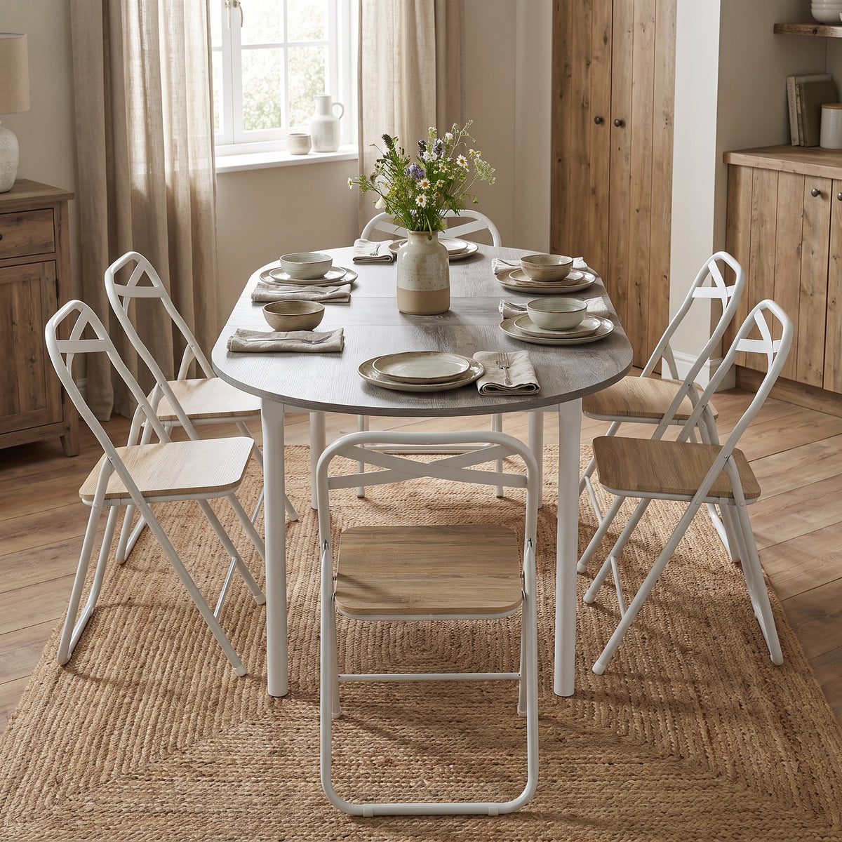 Homy Casa STOGER+FERN 7-Piece Dining Set 61-75" Extendable Dining Table and 6 Fern White Beech Chairs